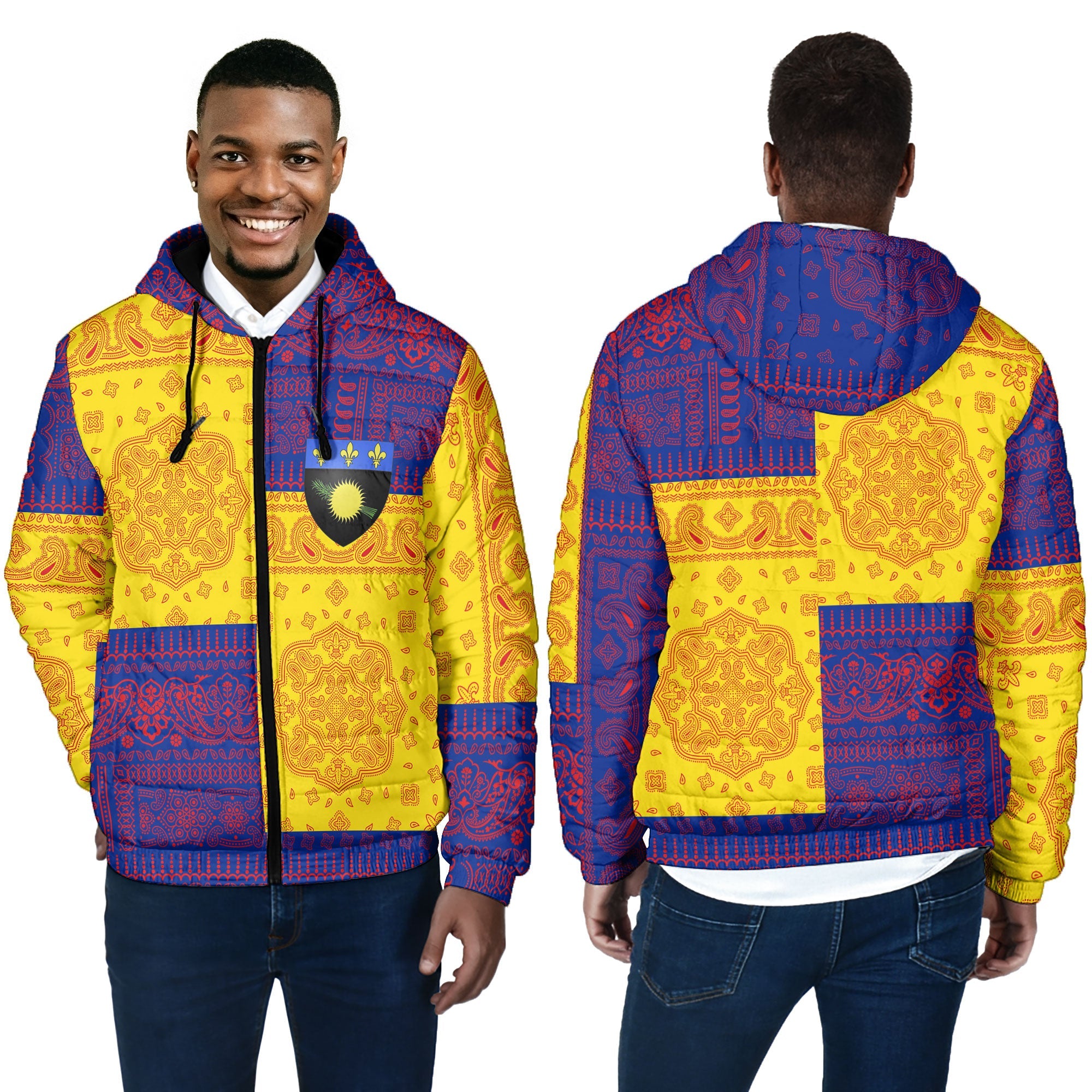 Guadeloupe Men Hooded Padded Jacket Flag And Paisley Basic Style 4