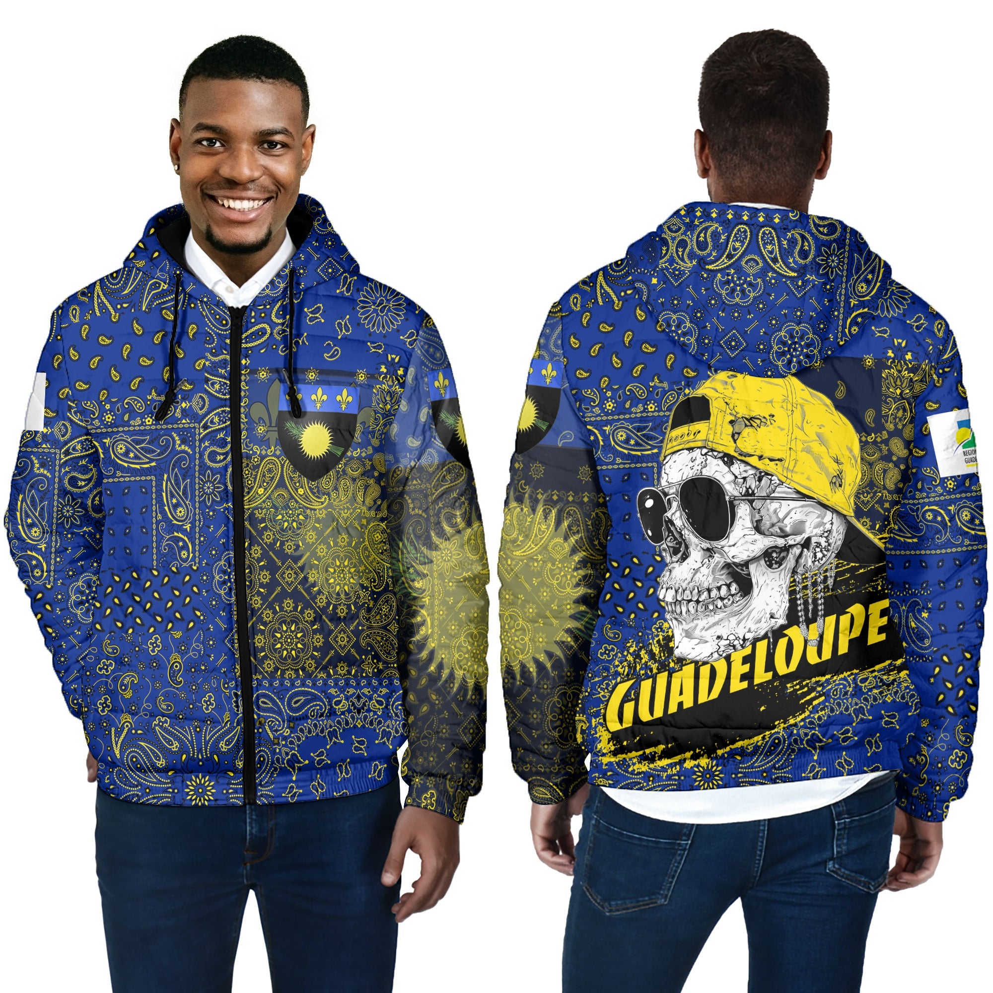 Guadeloupe Men Hooded Padded Jacket Paisley Flag And Skull Style 4