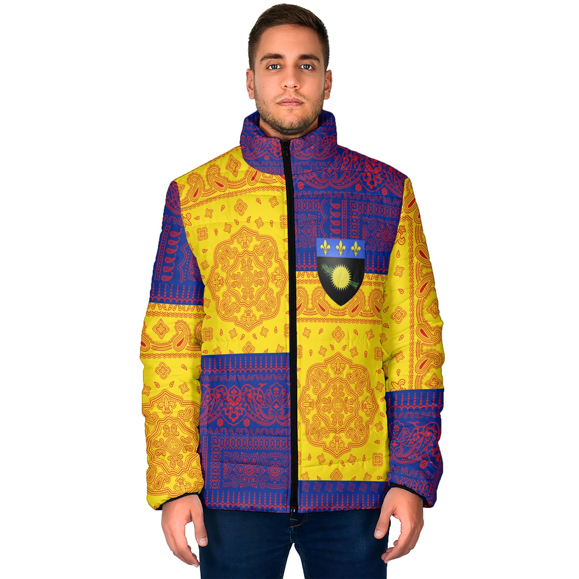 Guadeloupe Men Padded Jacket Flag And Paisley Basic Style 1