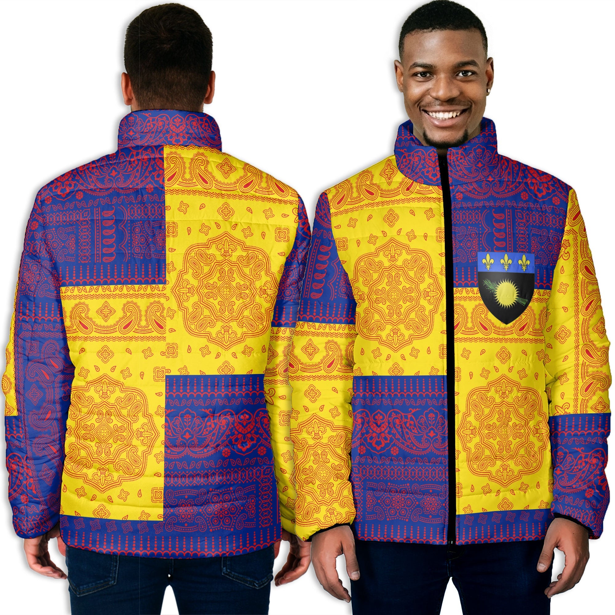 Guadeloupe Men Padded Jacket Flag And Paisley Basic Style 3