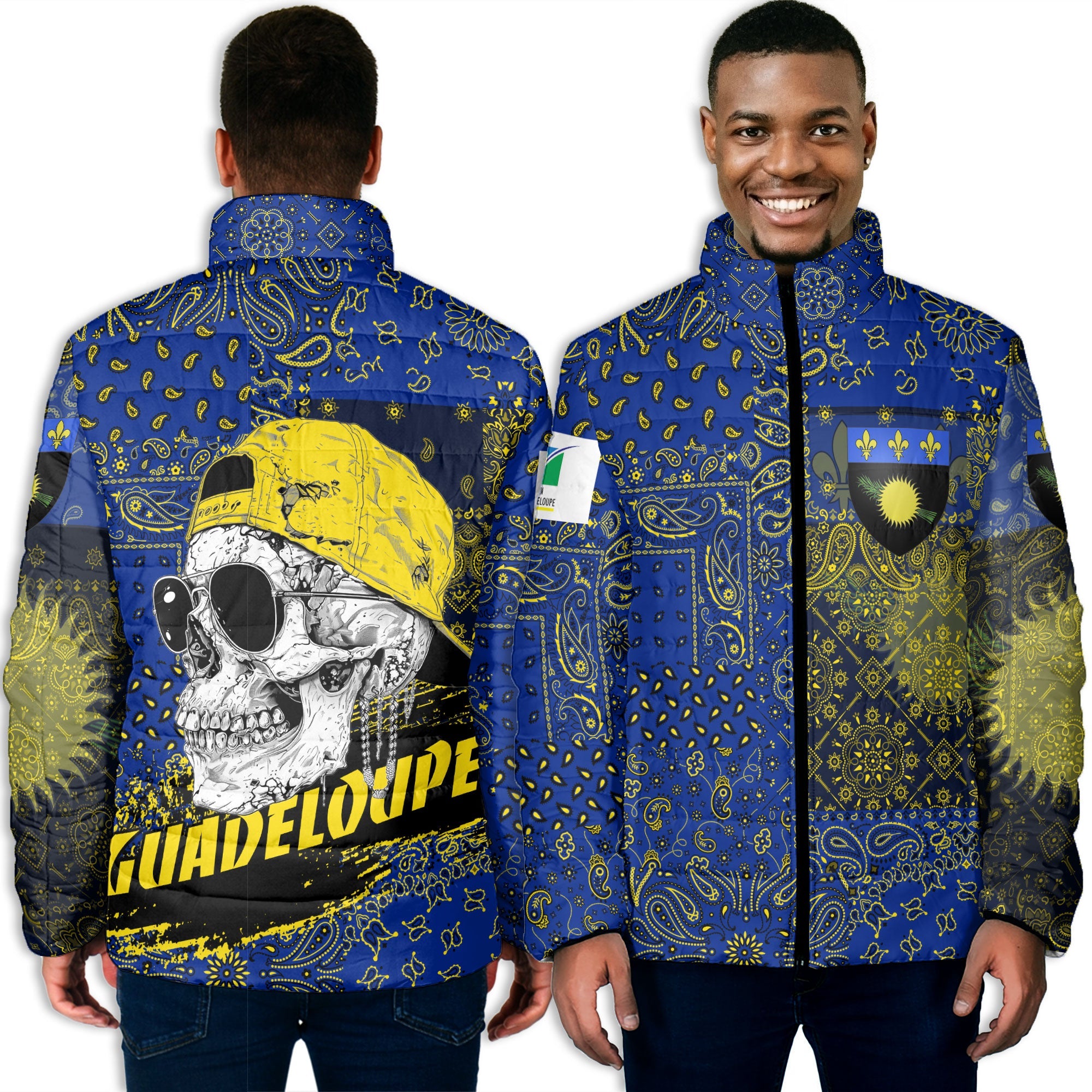 Guadeloupe Men Padded Jacket Paisley Flag And Skull Style 3