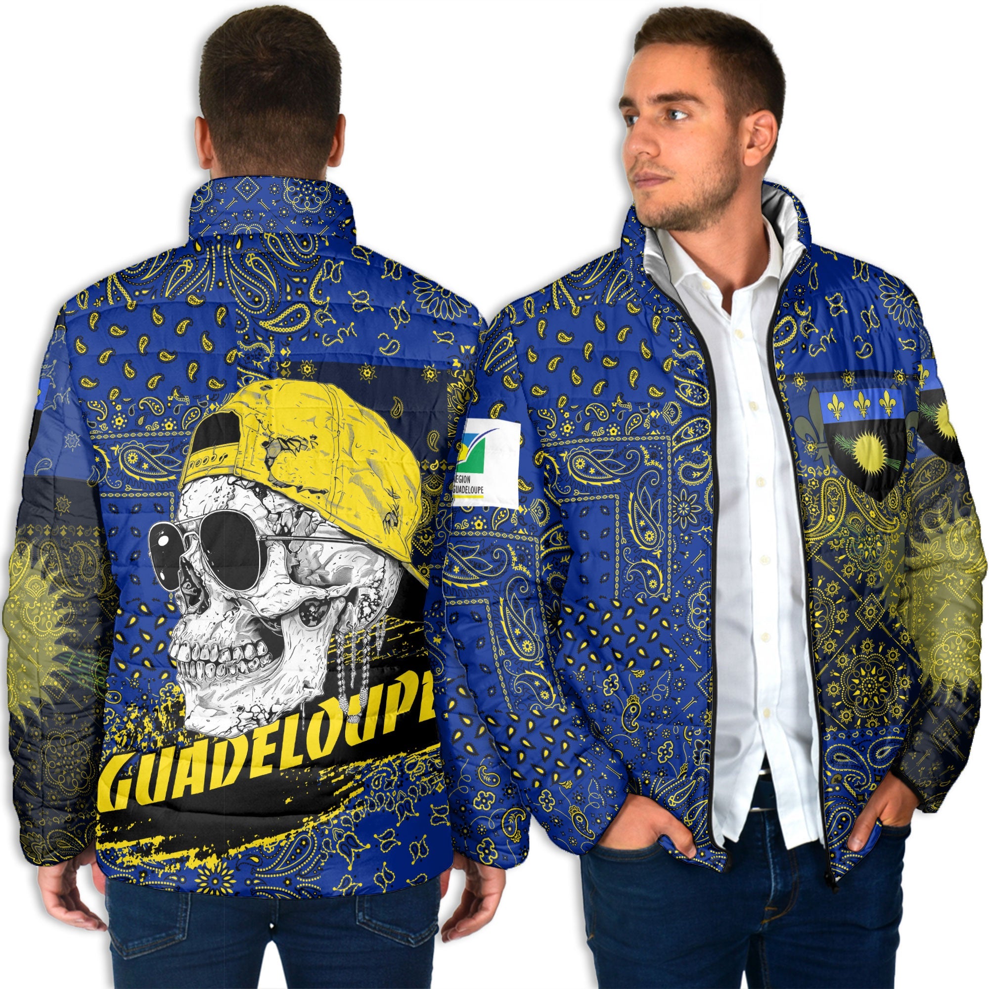 Guadeloupe Men Padded Jacket Paisley Flag And Skull Style 4