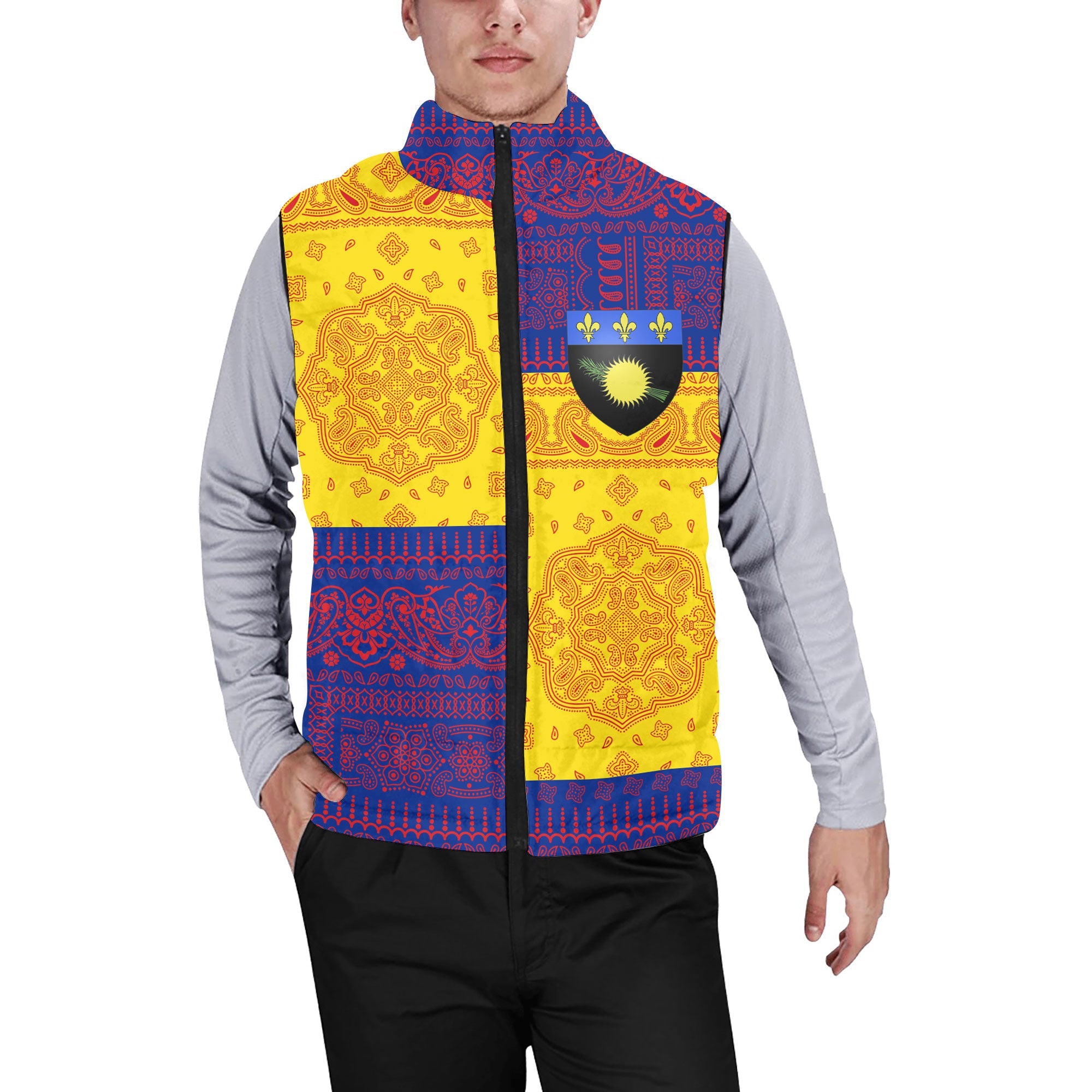 Guadeloupe Men Padded Jacket Vest Flag And Paisley Basic Style 1