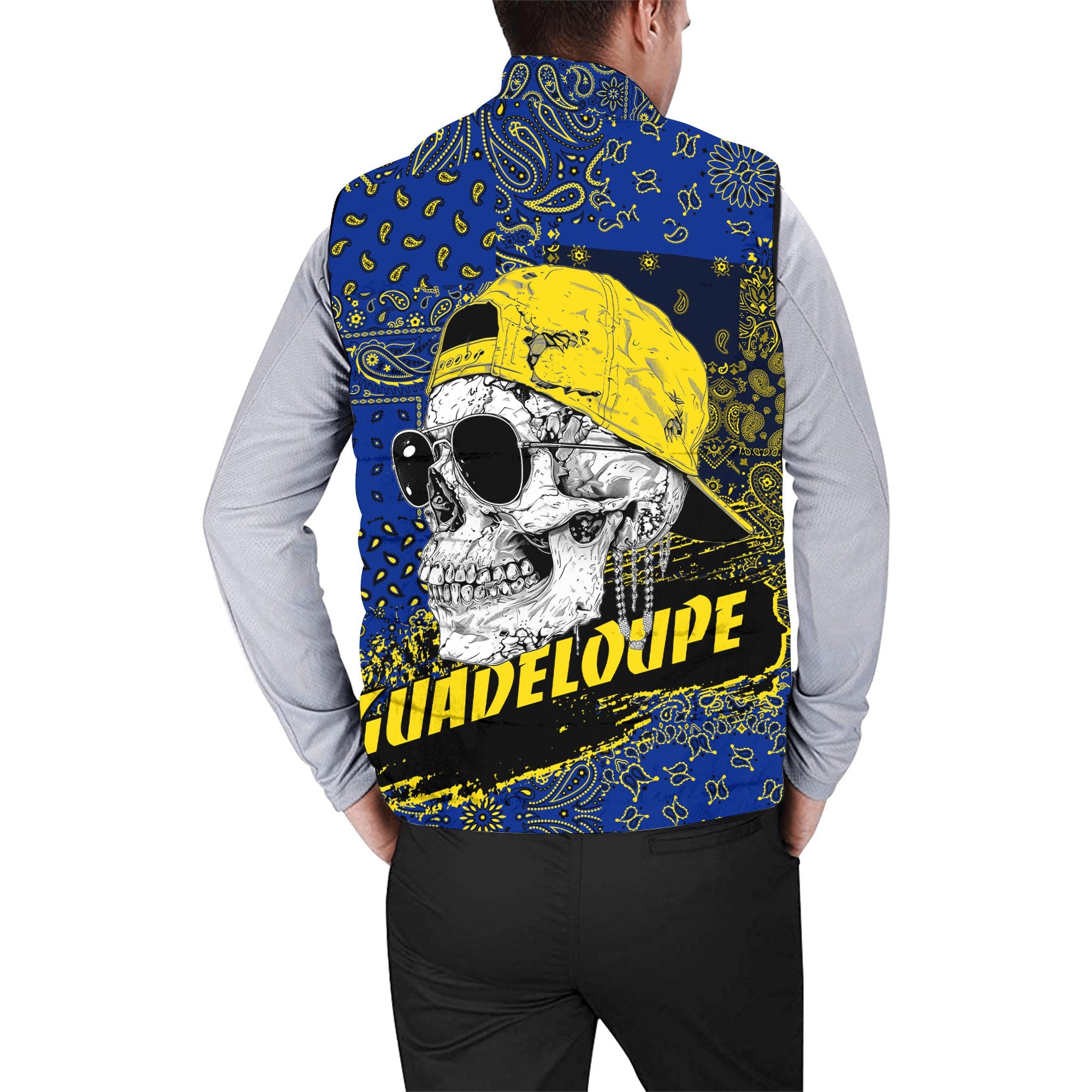 Guadeloupe Men Padded Jacket Vest Paisley Flag And Skull Style 2