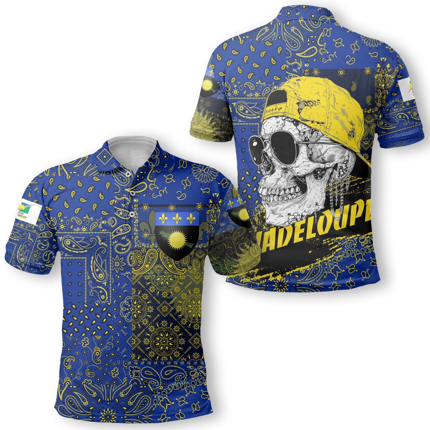 Guadeloupe Polo Shirt Paisley Flag And Skull Style 1