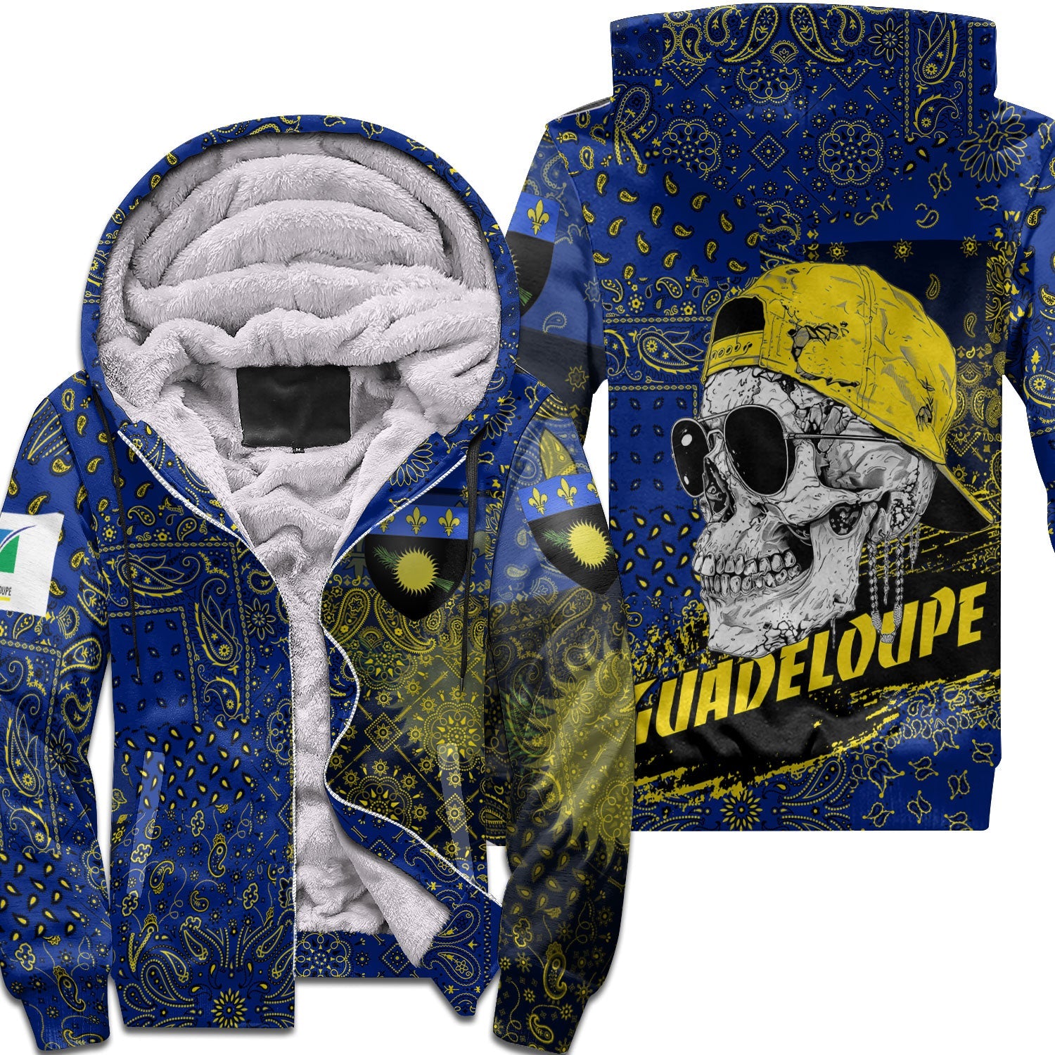 Guadeloupe Sherpa Hoodie Paisley Flag And Skull Style 1