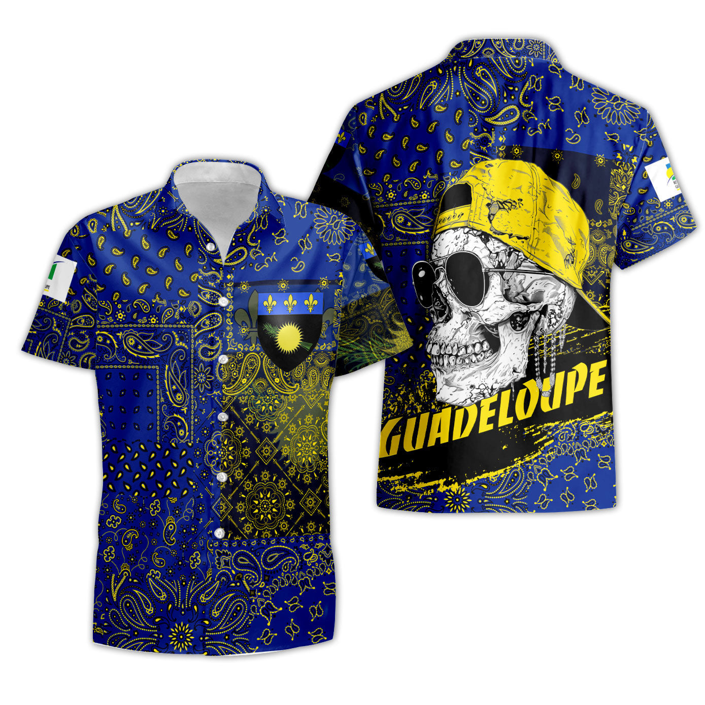 Guadeloupe Short Sleeve Shirt Paisley Flag And Skull Style 3