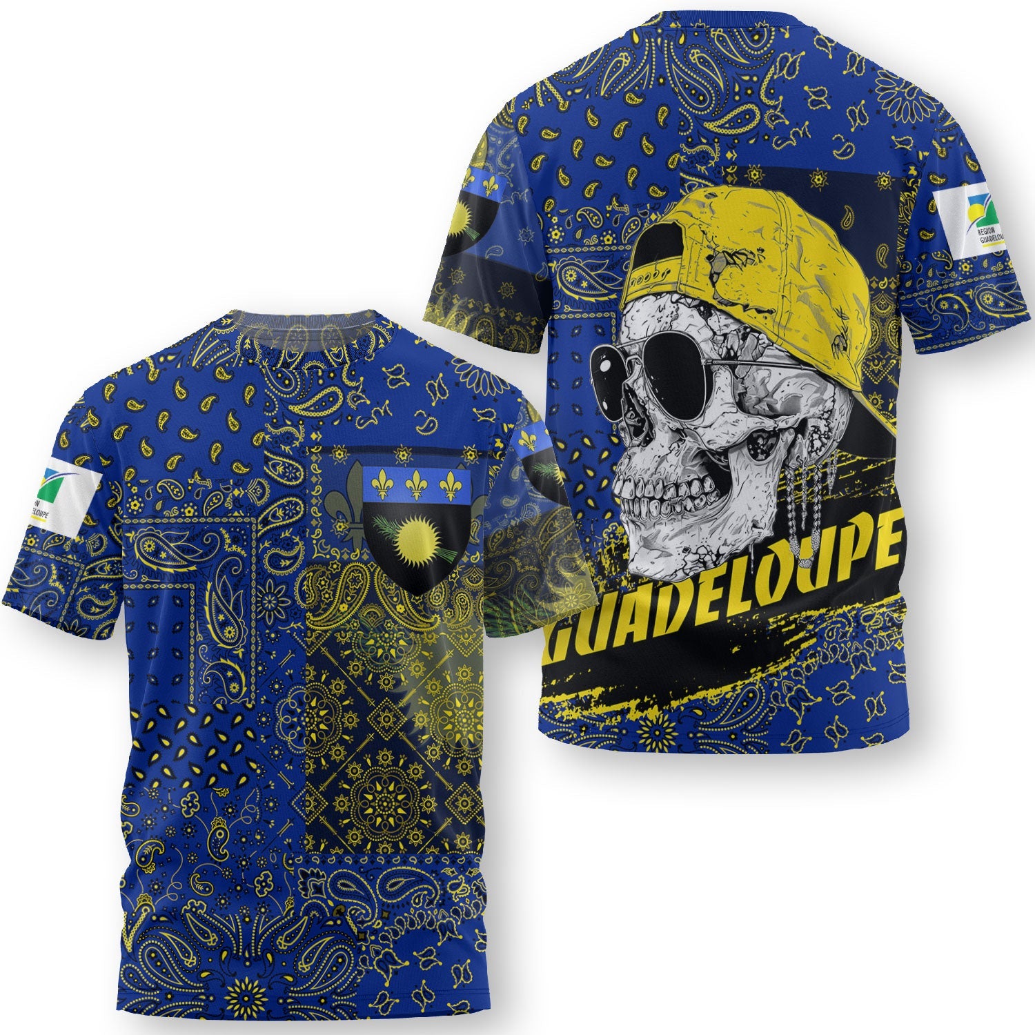 Guadeloupe T Shirt Paisley Flag And Skull Style 3