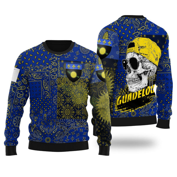 Guadeloupe Ugly Sweater Paisley Flag And Skull Style 1