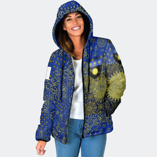 Guadeloupe Women Hooded Padded Jacket Paisley Flag And Skull Style 1