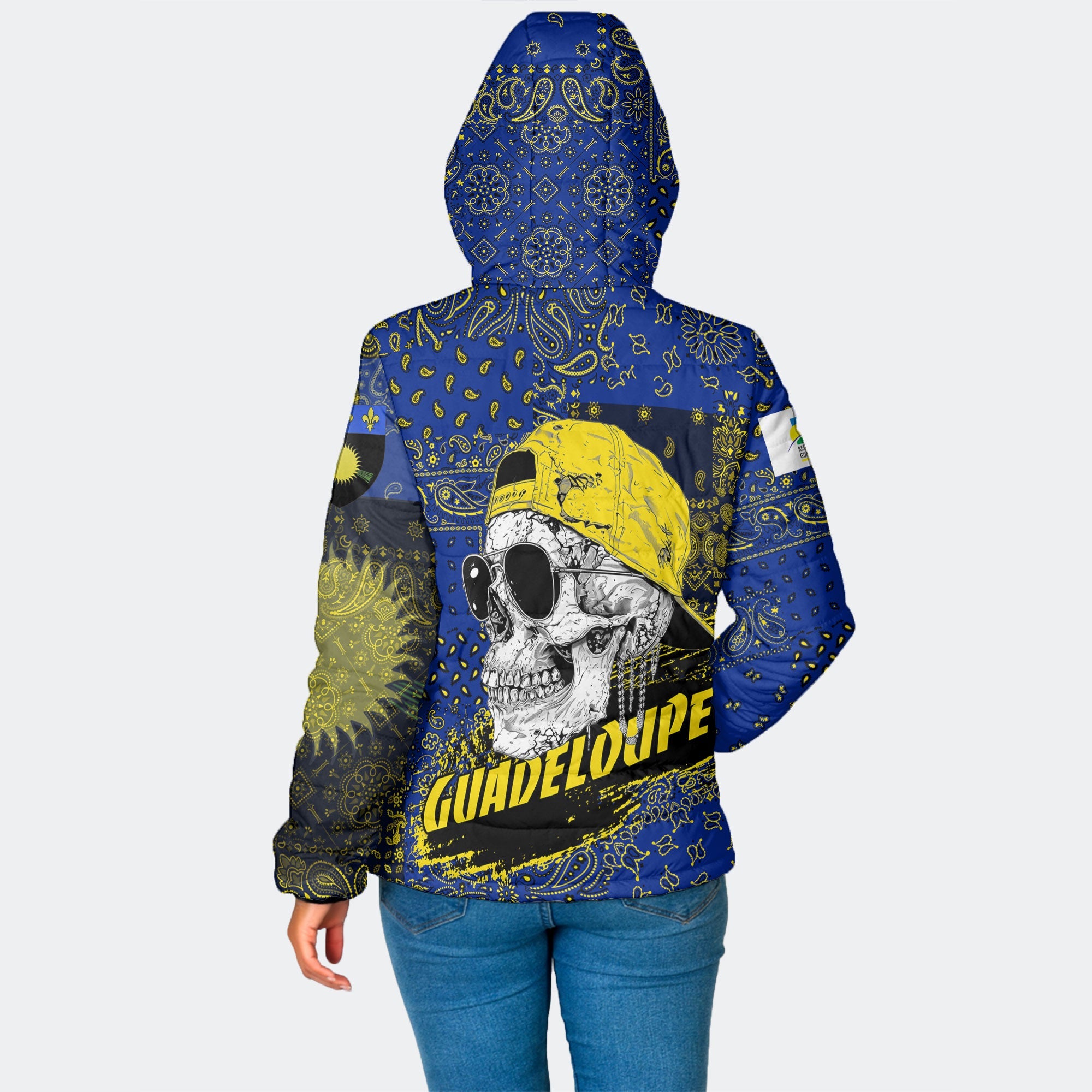 Guadeloupe Women Hooded Padded Jacket Paisley Flag And Skull Style 2