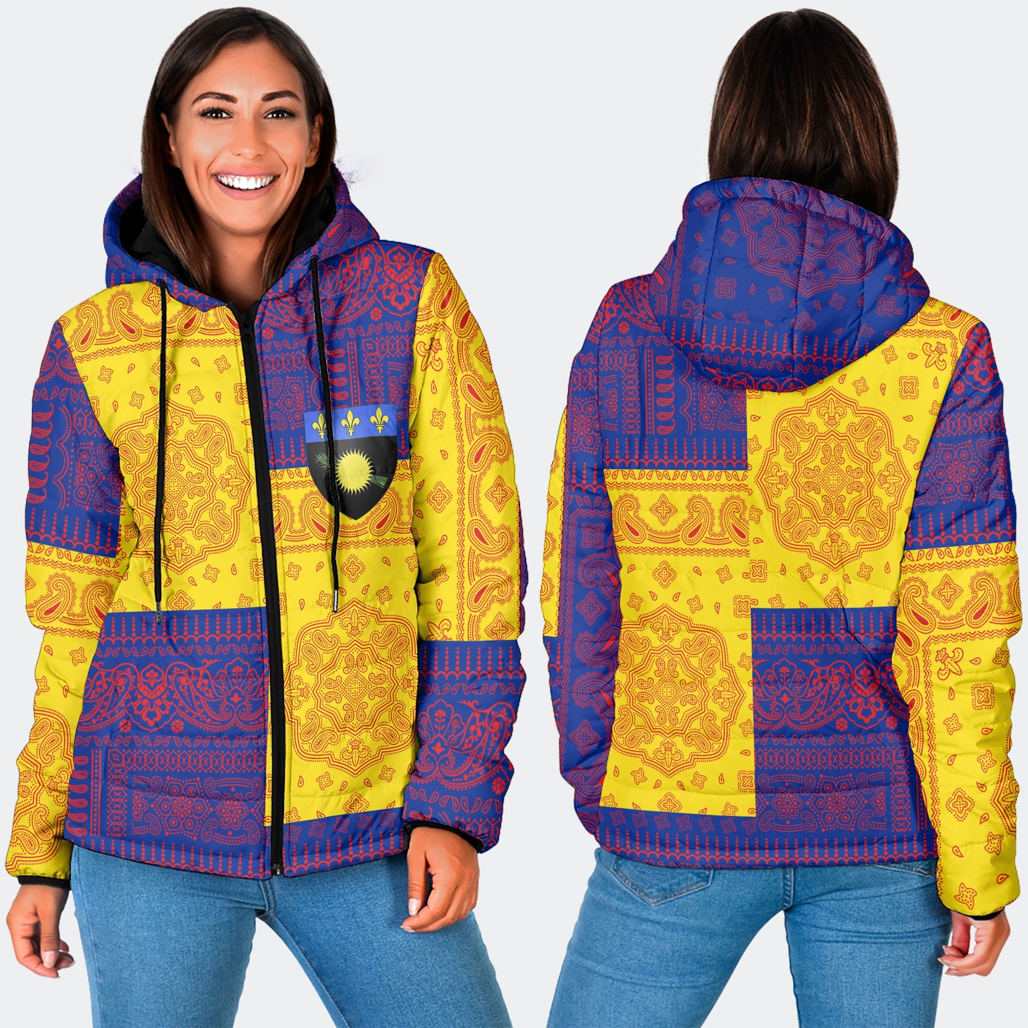 Guadeloupe Women Hooded Padded Jacket Flag And Paisley Basic Style 3