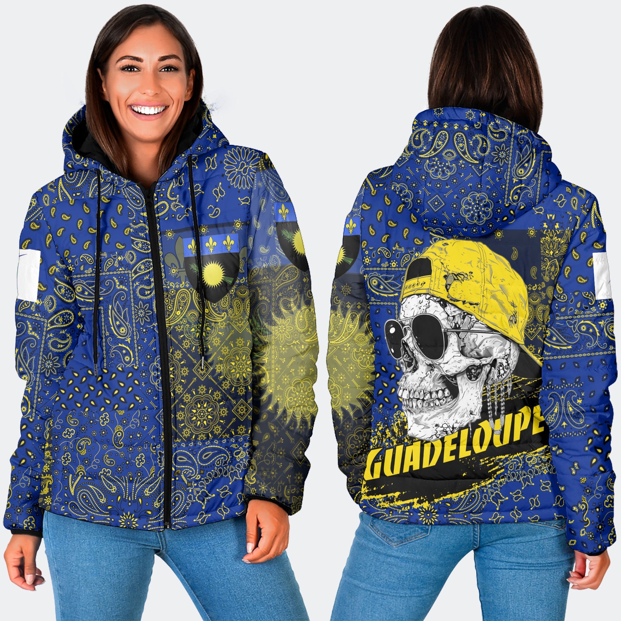 Guadeloupe Women Hooded Padded Jacket Paisley Flag And Skull Style 3