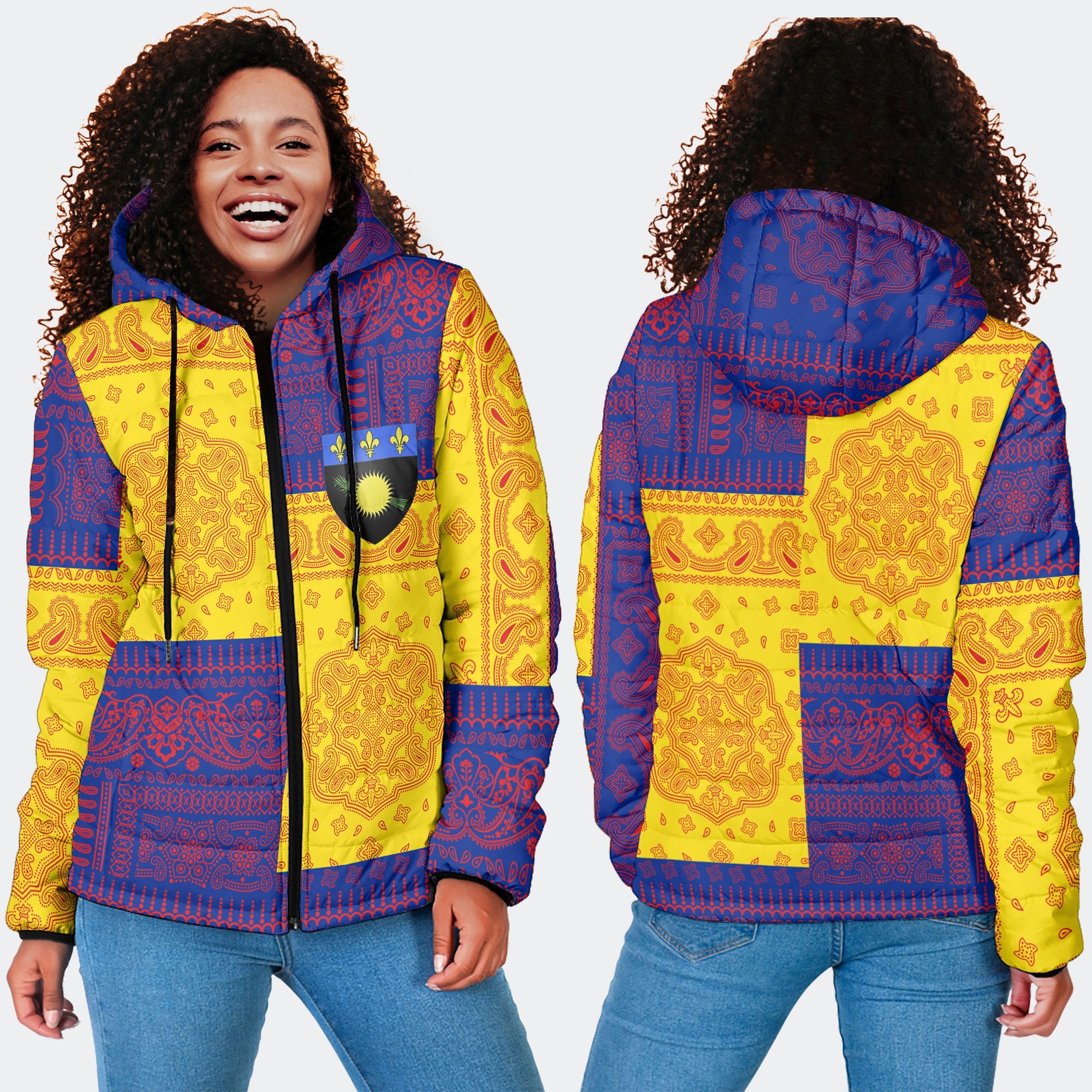 Guadeloupe Women Hooded Padded Jacket Flag And Paisley Basic Style 4