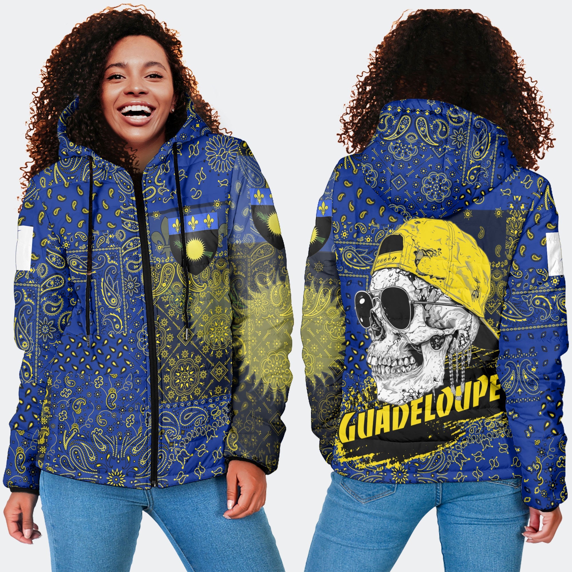 Guadeloupe Women Hooded Padded Jacket Paisley Flag And Skull Style 4