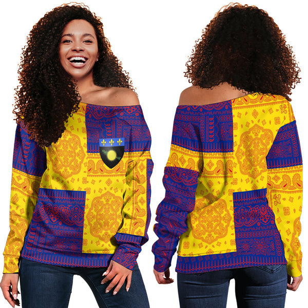 Guadeloupe Women Off Shoulder Sweatshirt Flag And Paisley Basic Style 1