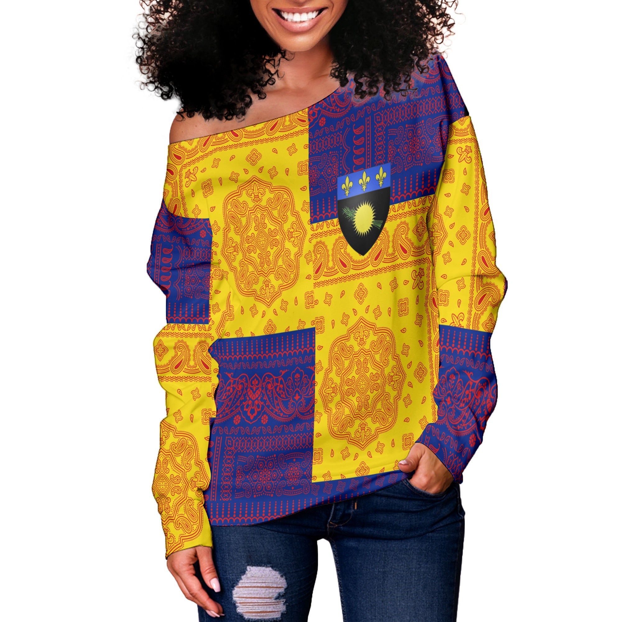 Guadeloupe Women Off Shoulder Sweatshirt Flag And Paisley Basic Style 2