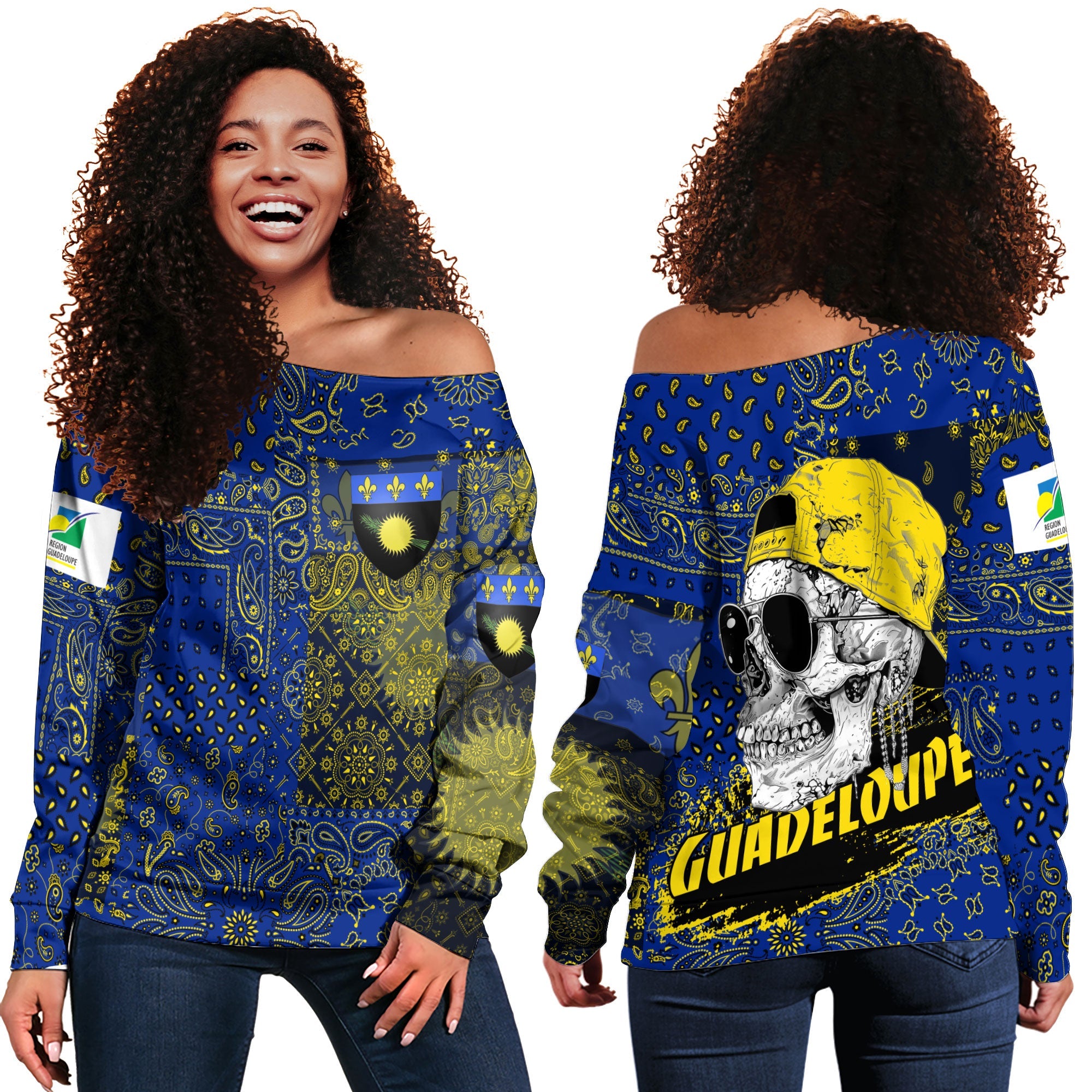 Guadeloupe Women Off Shoulder Sweatshirt Paisley Flag And Skull Style 1