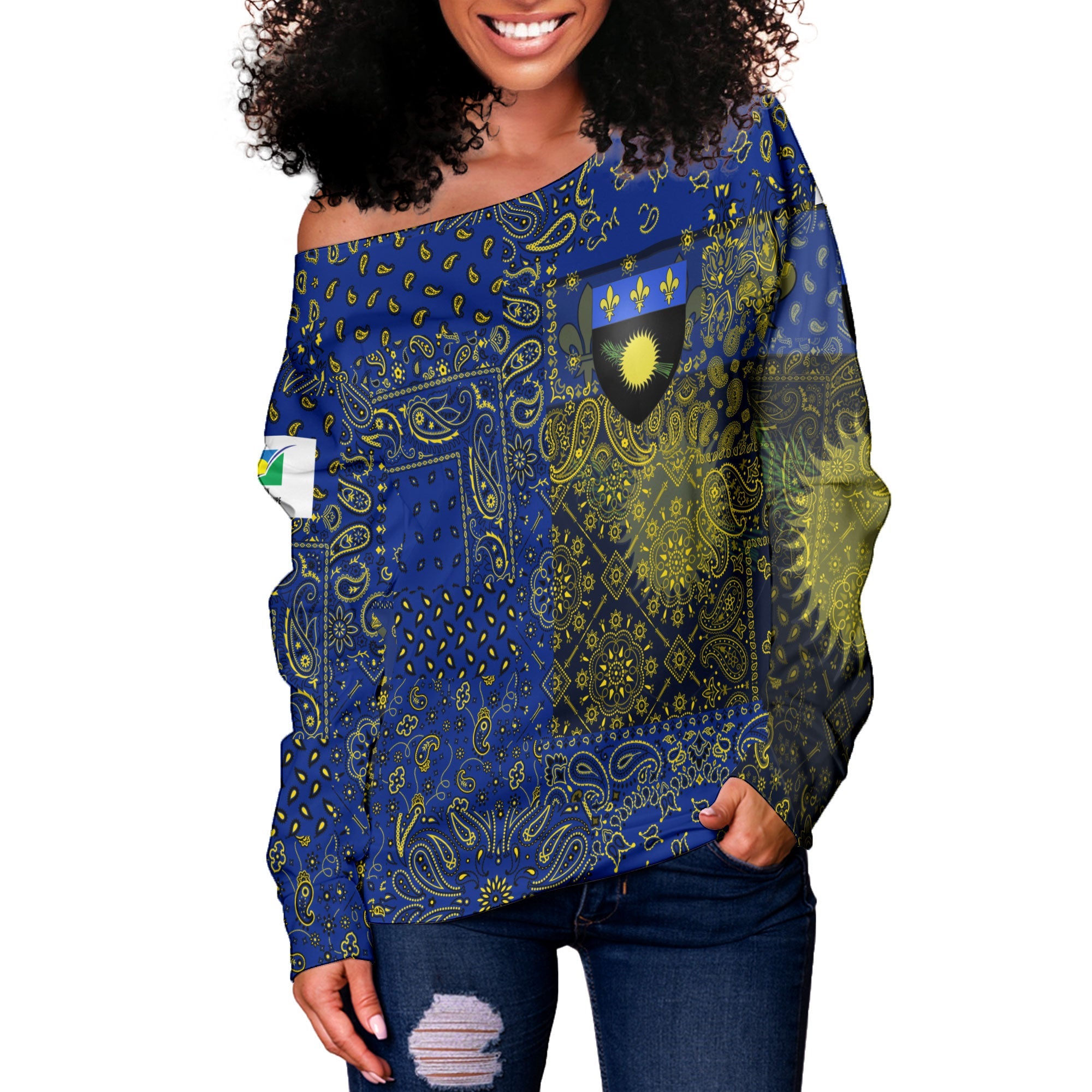 Guadeloupe Women Off Shoulder Sweatshirt Paisley Flag And Skull Style 2