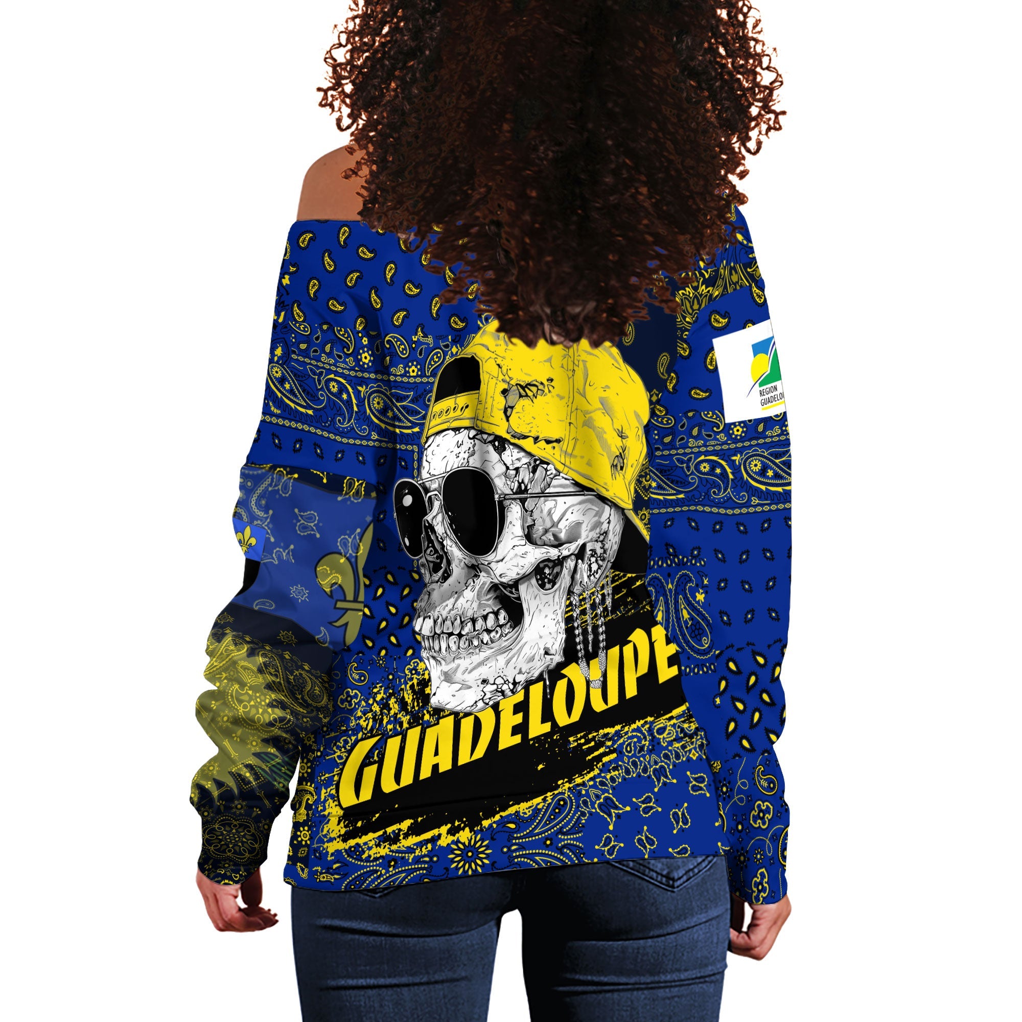 Guadeloupe Women Off Shoulder Sweatshirt Paisley Flag And Skull Style 3