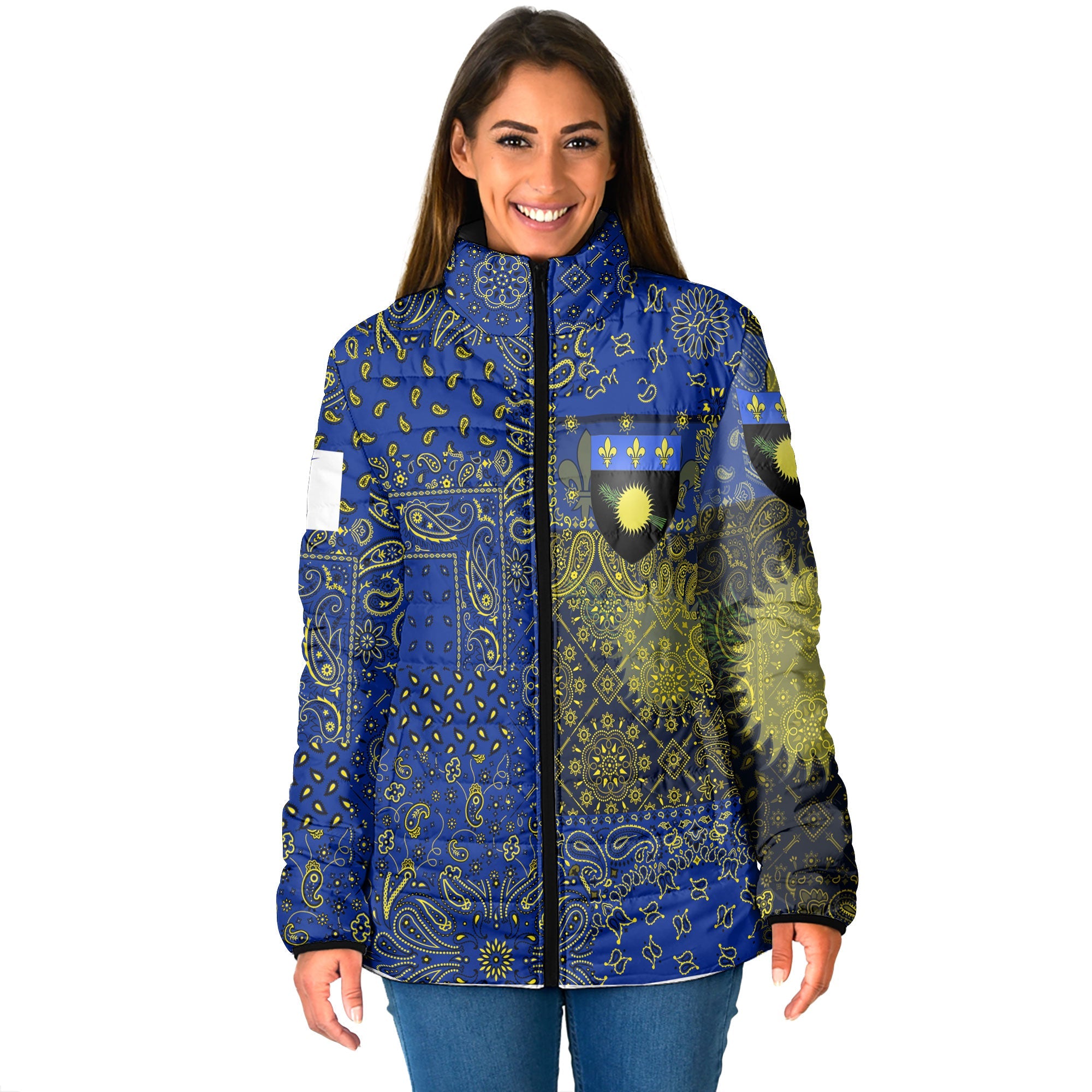 Guadeloupe Women Padded Jacket Paisley Flag And Skull Style 1