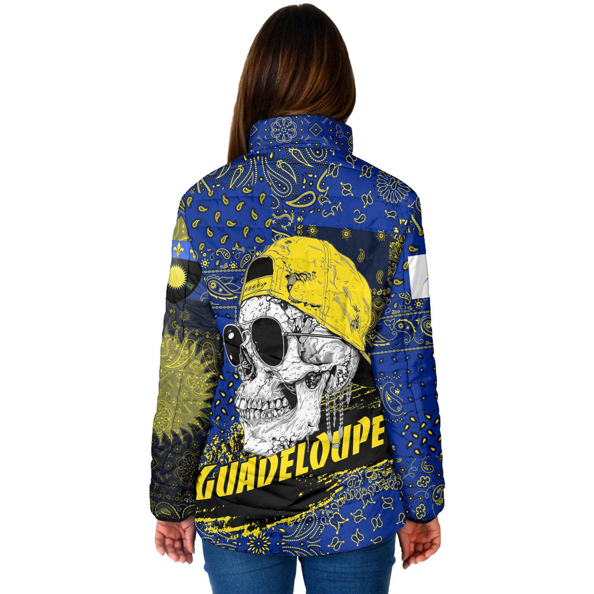 Guadeloupe Women Padded Jacket Paisley Flag And Skull Style 2