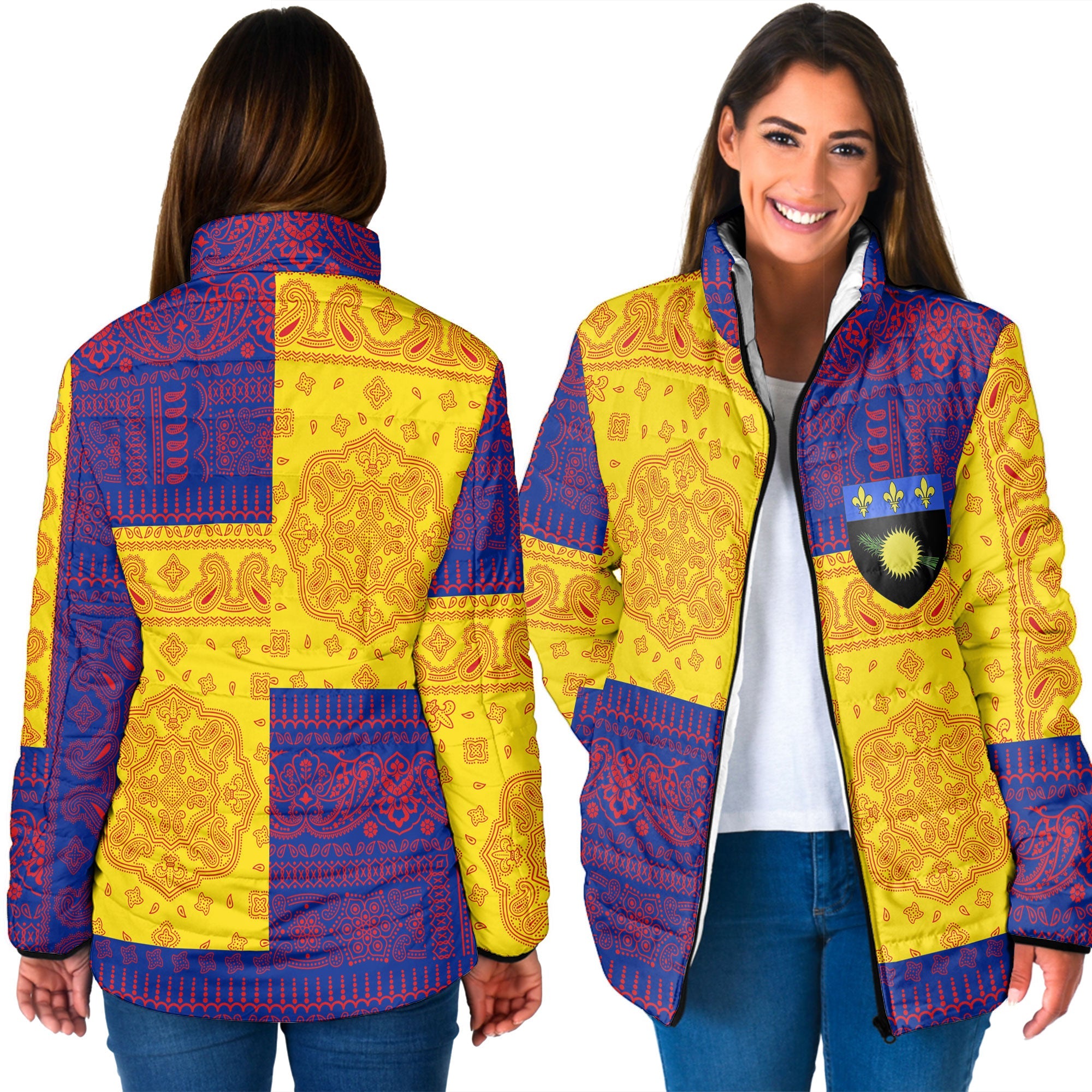 Guadeloupe Women Padded Jacket Flag And Paisley Basic Style 3