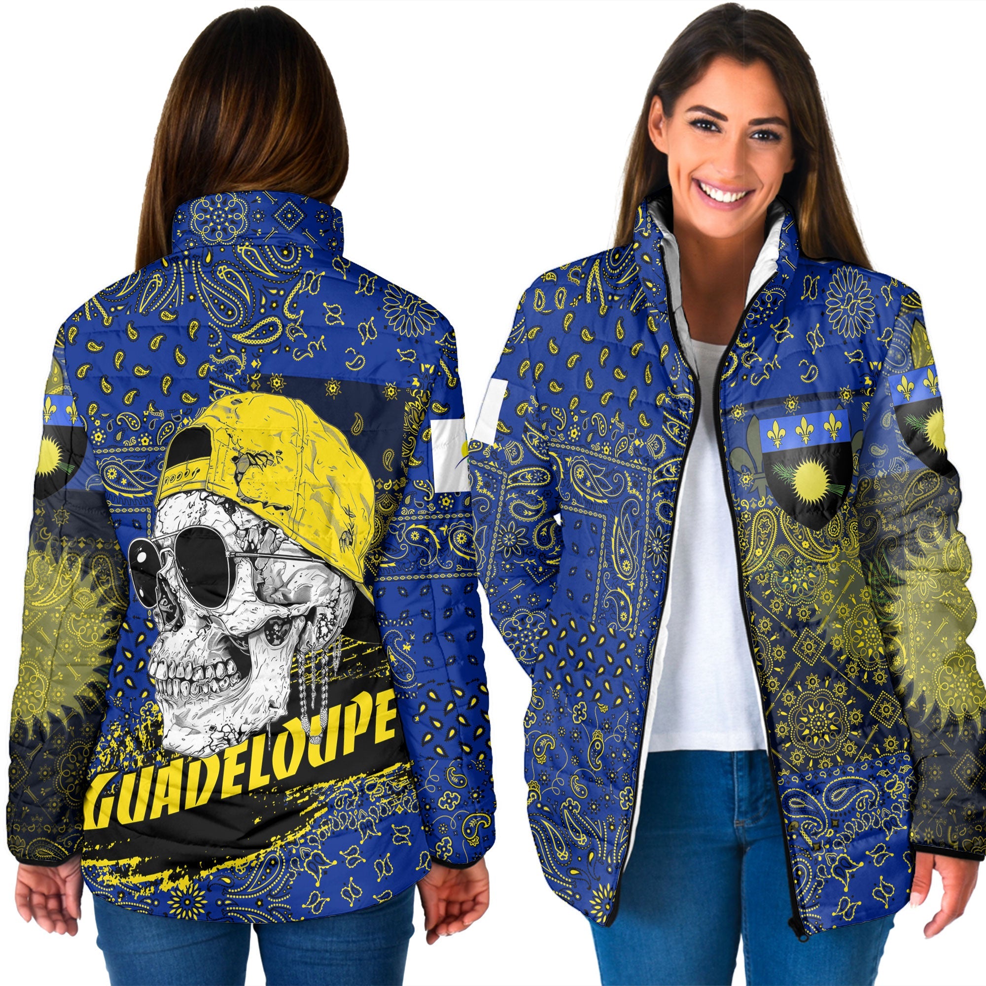 Guadeloupe Women Padded Jacket Paisley Flag And Skull Style 3