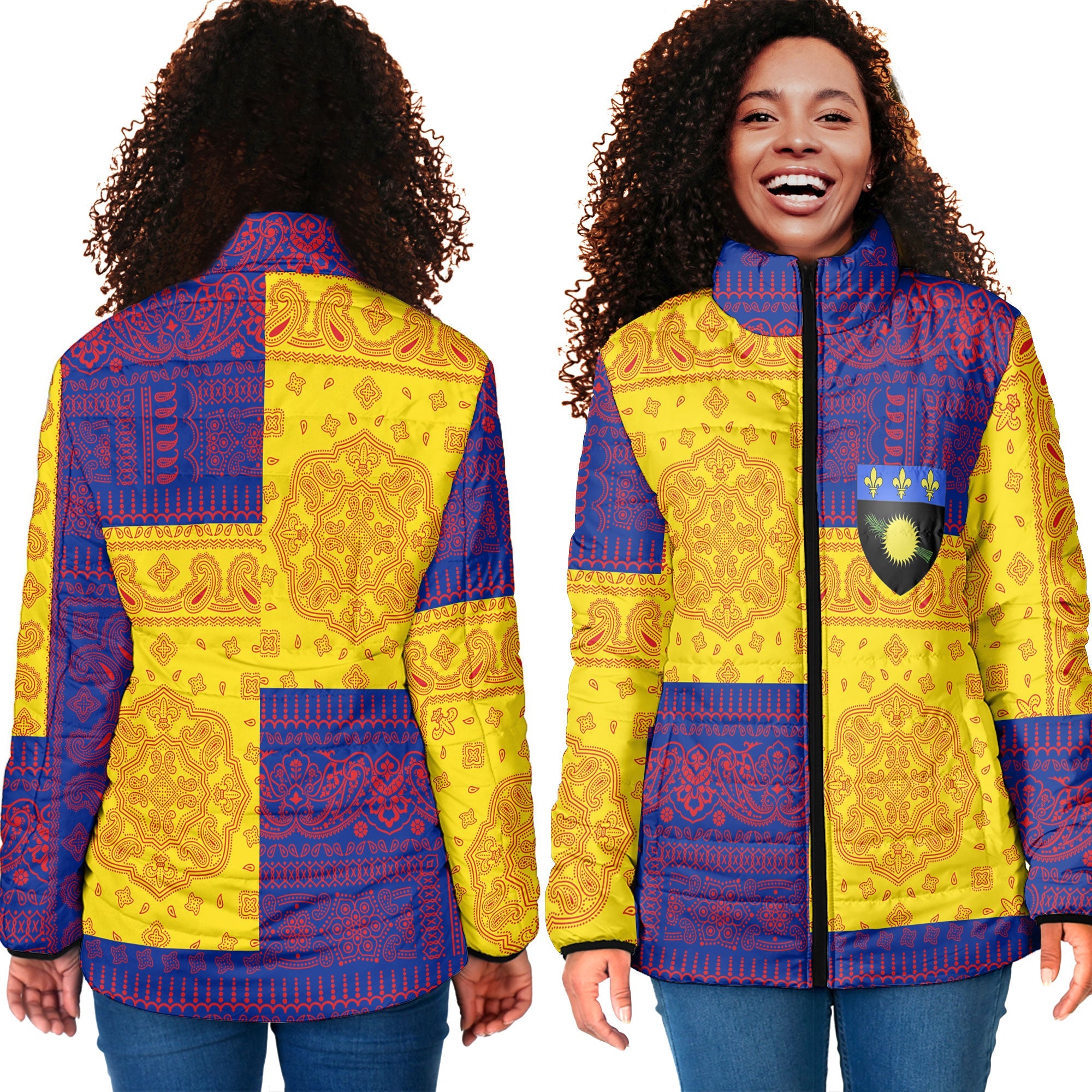 Guadeloupe Women Padded Jacket Flag And Paisley Basic Style 4