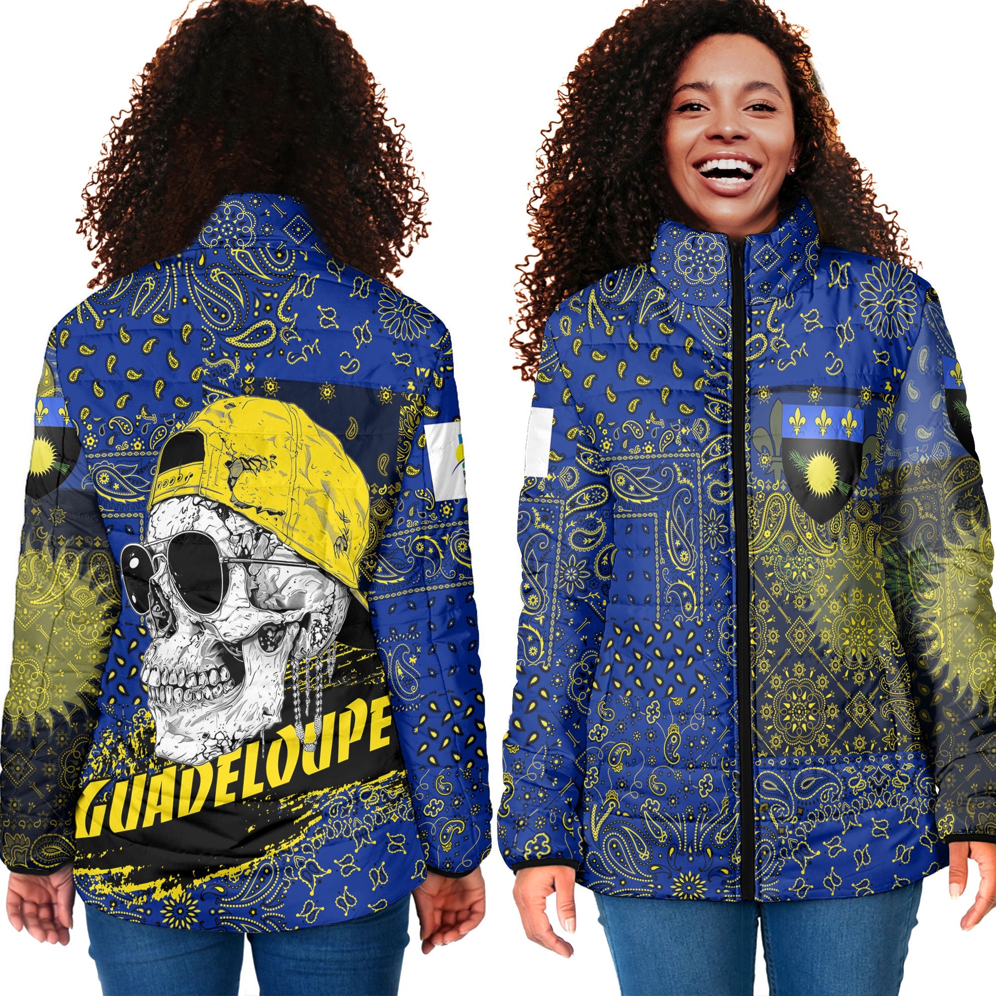 Guadeloupe Women Padded Jacket Paisley Flag And Skull Style 4