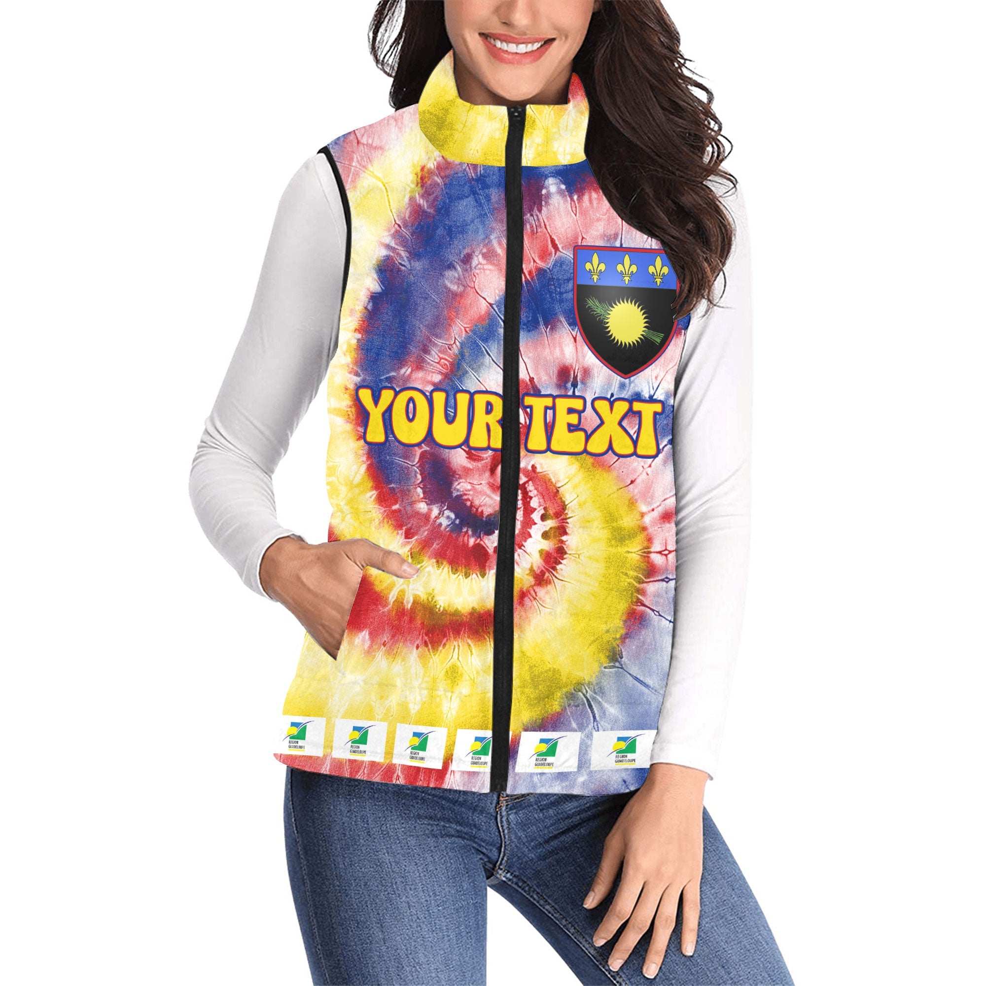 Guadeloupe Women Padded Jacket Vest Custom Tie Dye Style 1