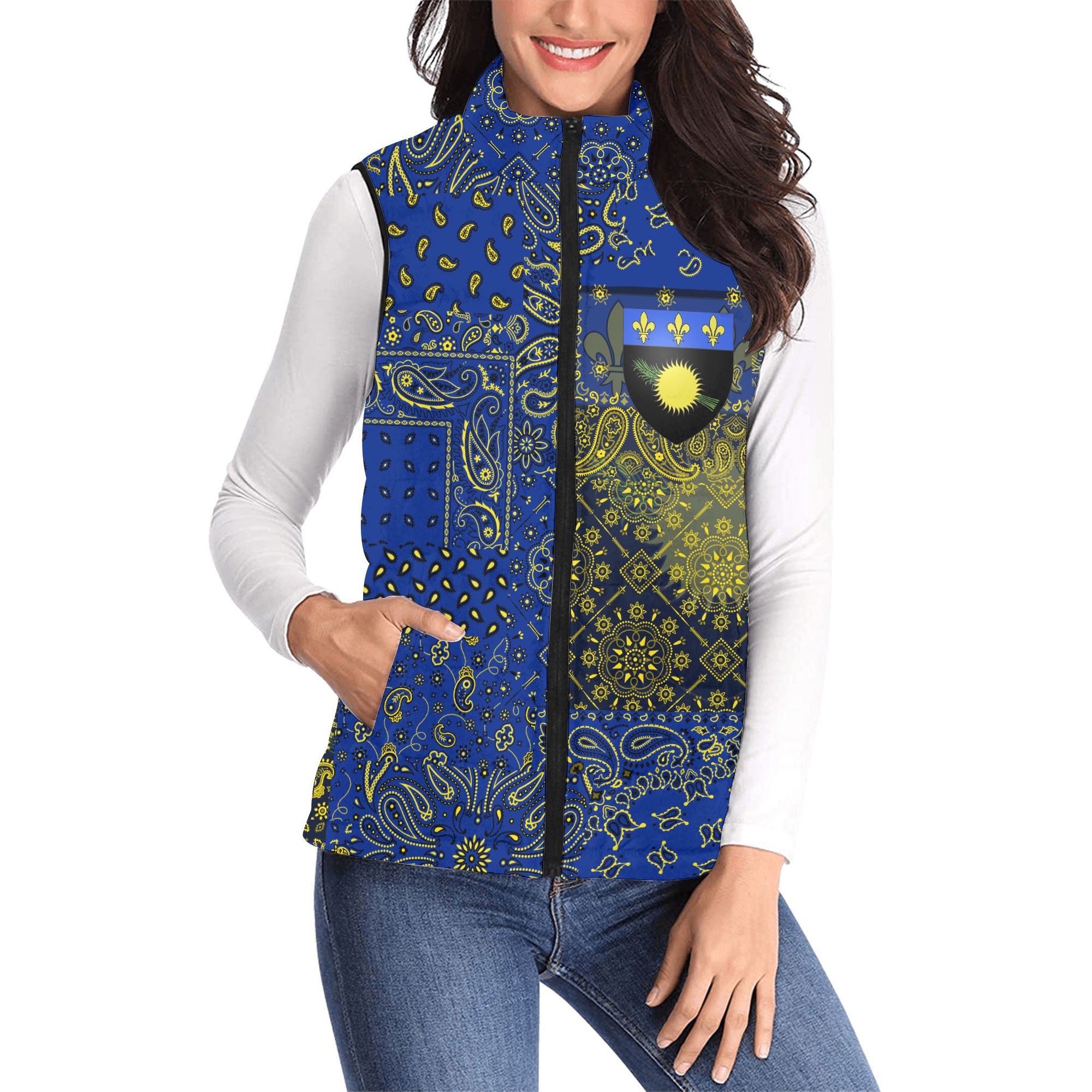 Guadeloupe Women Padded Jacket Vest Paisley Flag And Skull Style 1