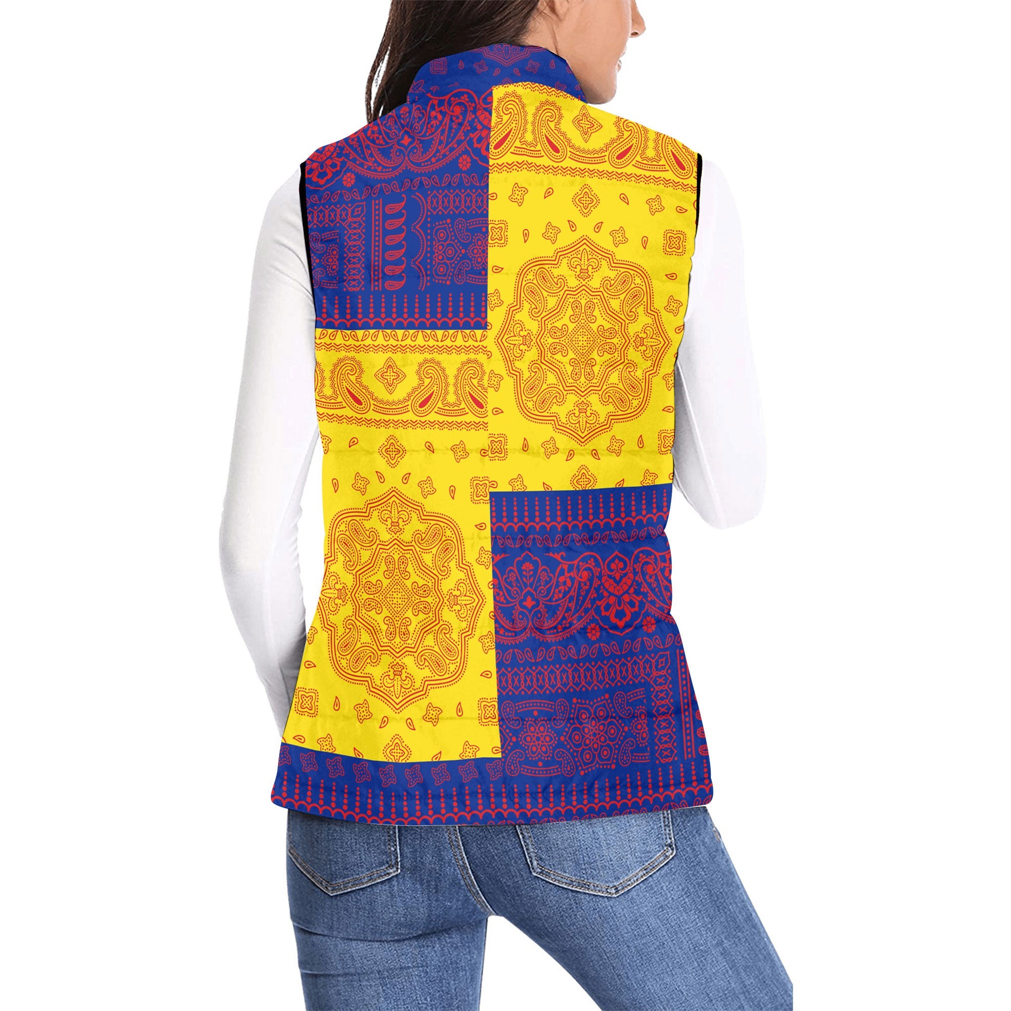 Guadeloupe Women Padded Jacket Vest Flag And Paisley Basic Style 2