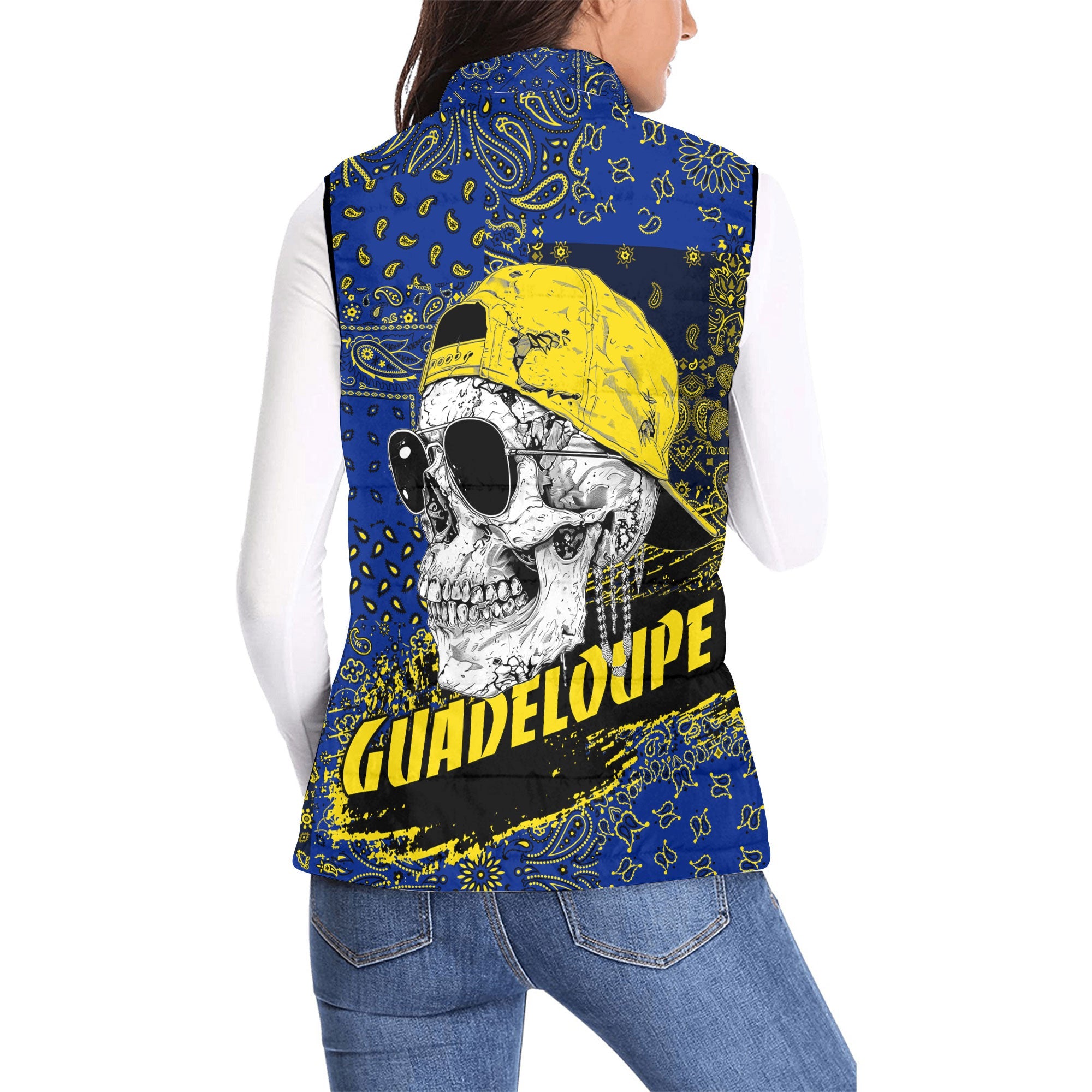 Guadeloupe Women Padded Jacket Vest Paisley Flag And Skull Style 2