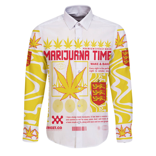 Guernsey Long Sleeve Button Shirt Flag & Coat Of Arms Marijuanas Style