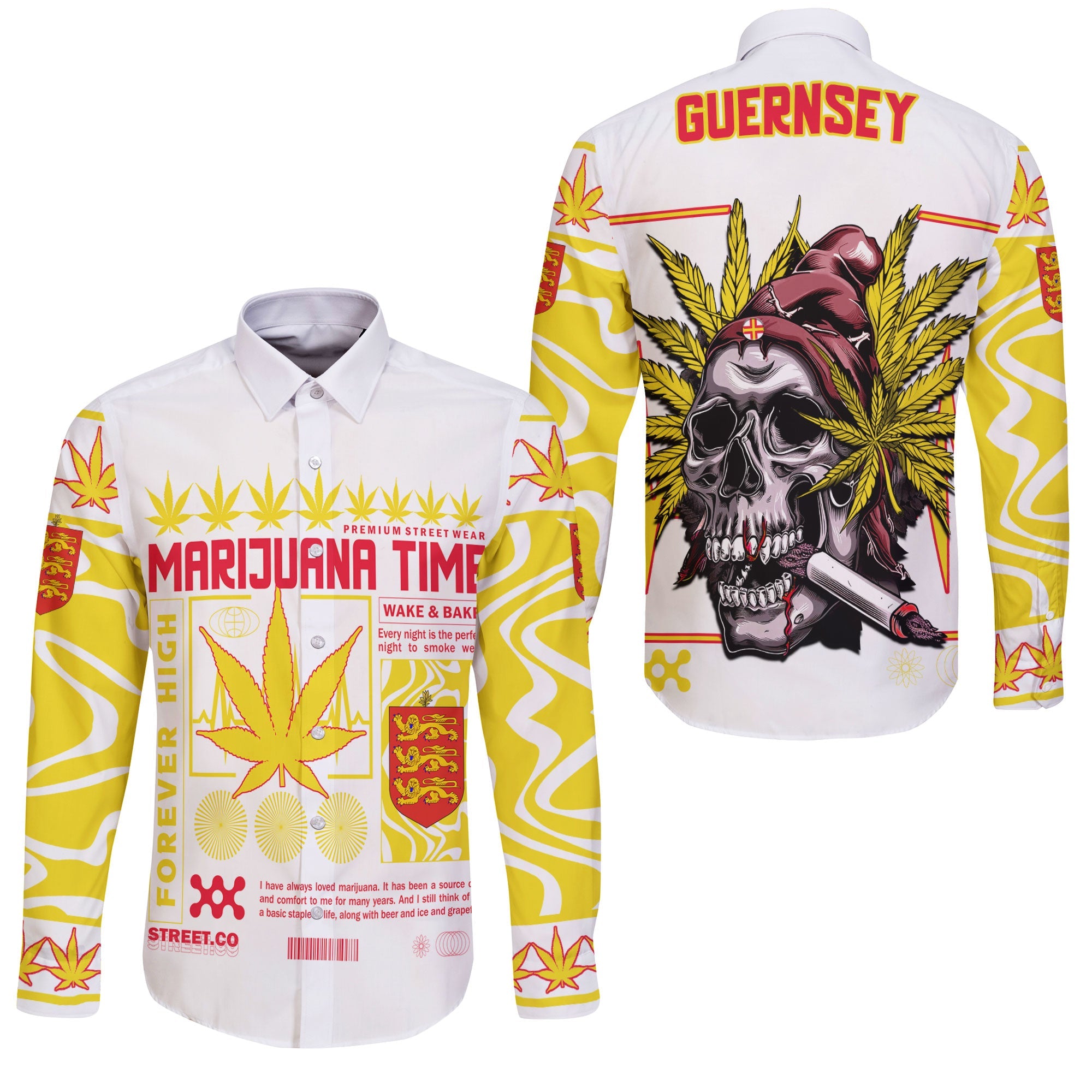 Guernsey Long Sleeve Button Shirt Flag & Coat Of Arms Marijuanas Style