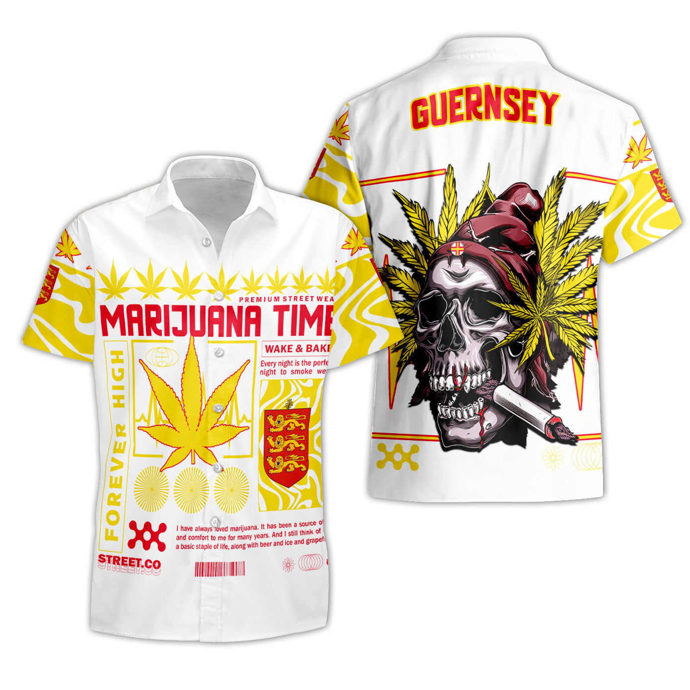 Guernsey Short Sleeve Shirt Flag & Coat Of Arms Marijuanas Style