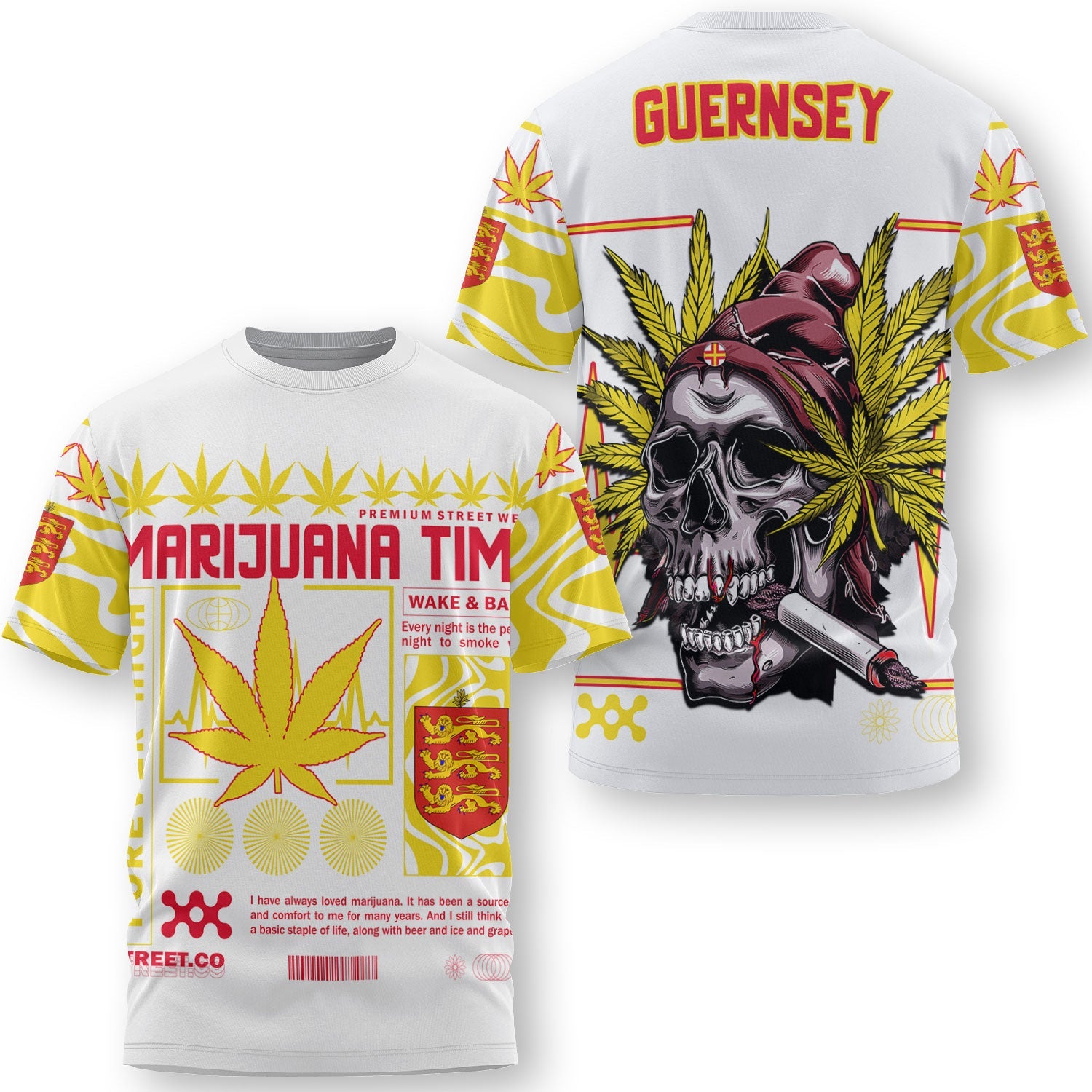 Guernsey T Shirt Flag & Coat Of Arms Marijuanas Style