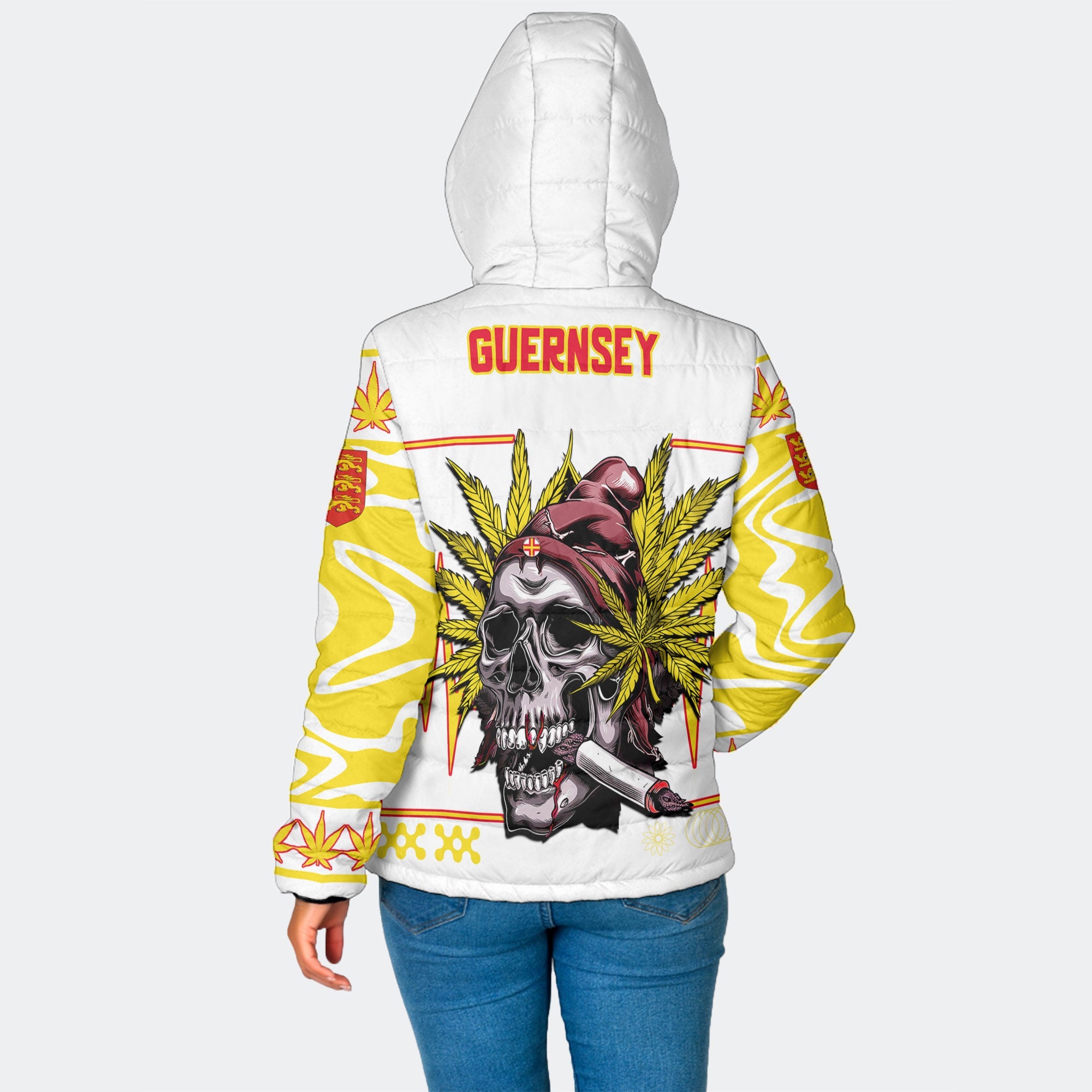 Guernsey Women Hooded Padded Jacket Flag & Coat Of Arms Marijuanas Style