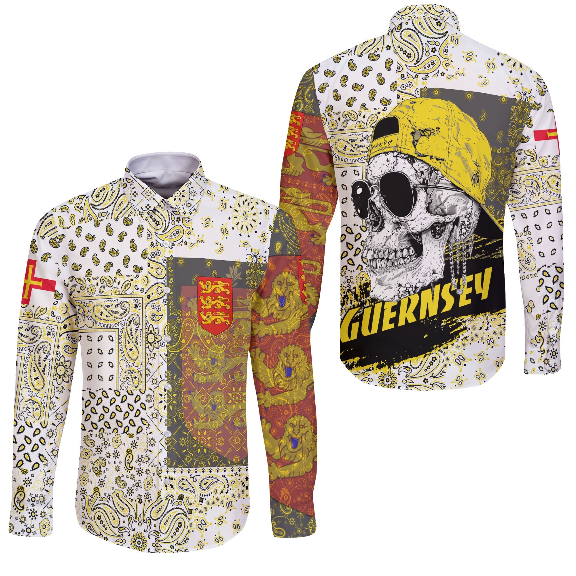 Guernsey Long Sleeve Button Shirt Paisley Flag And Skull Style 3