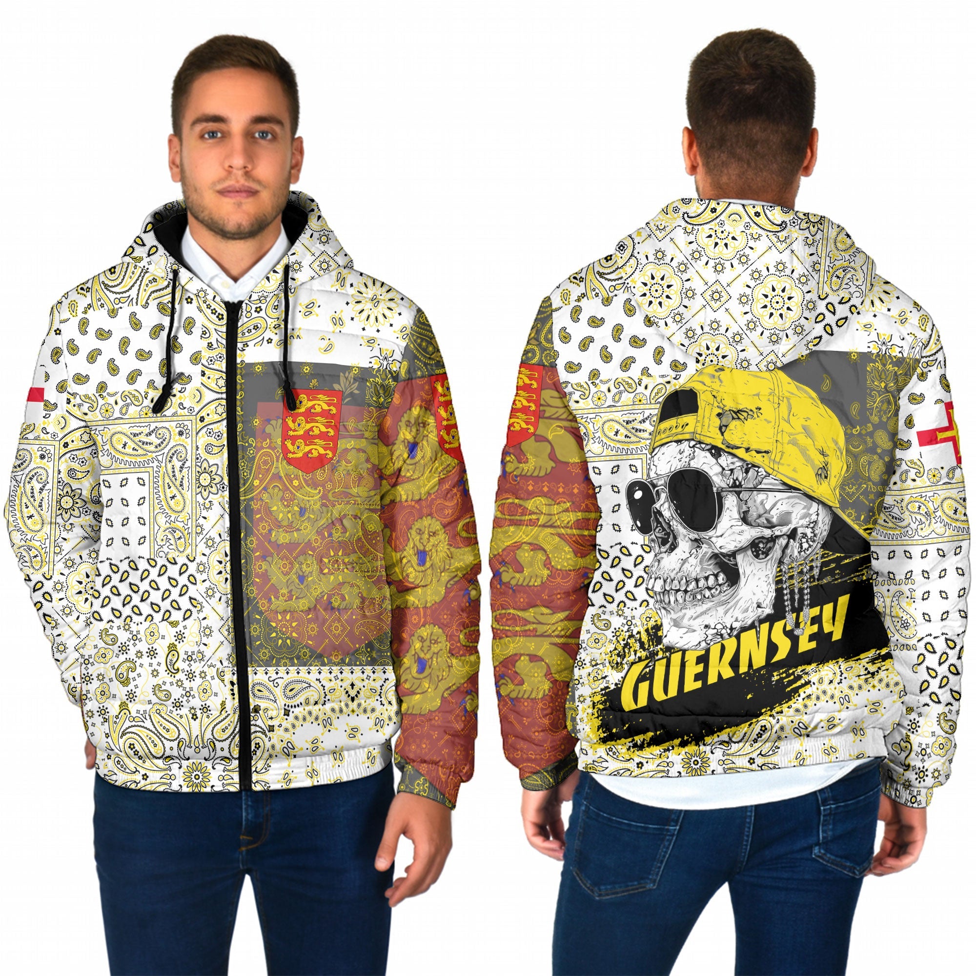 Guernsey Men Hooded Padded Jacket Paisley Flag And Skull Style 1