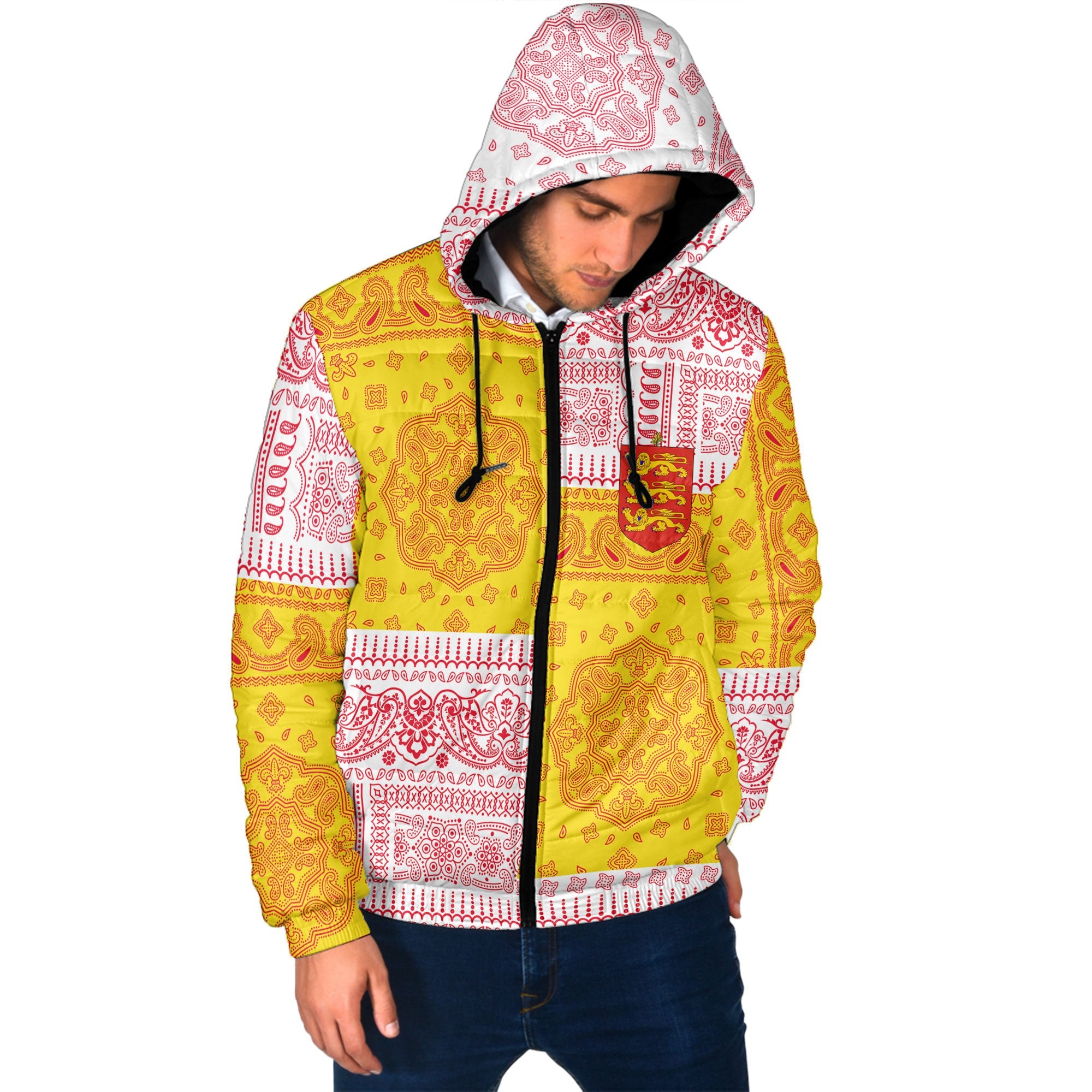 Guernsey Men Hooded Padded Jacket Flag And Paisley Basic Style 2