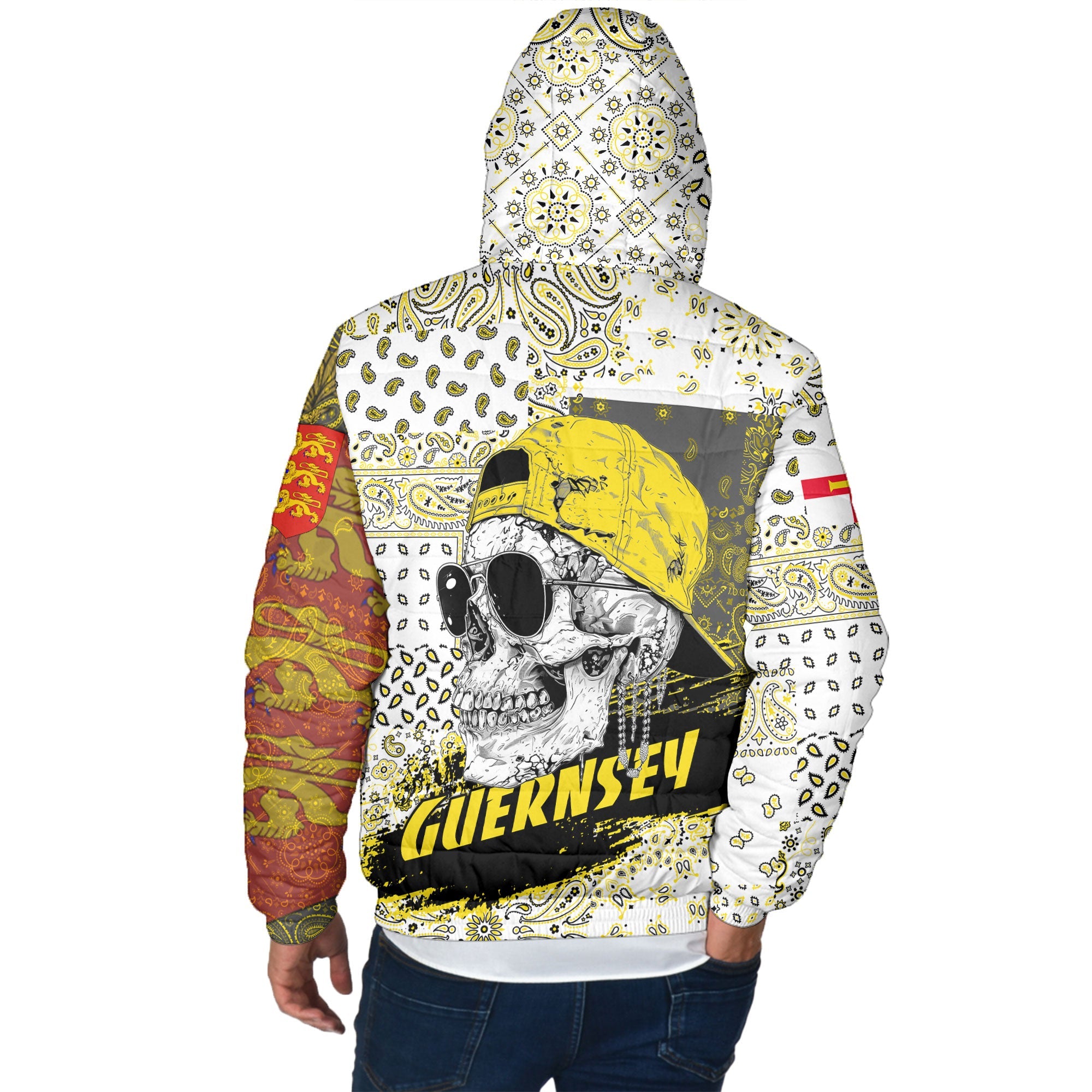 Guernsey Men Hooded Padded Jacket Paisley Flag And Skull Style 3