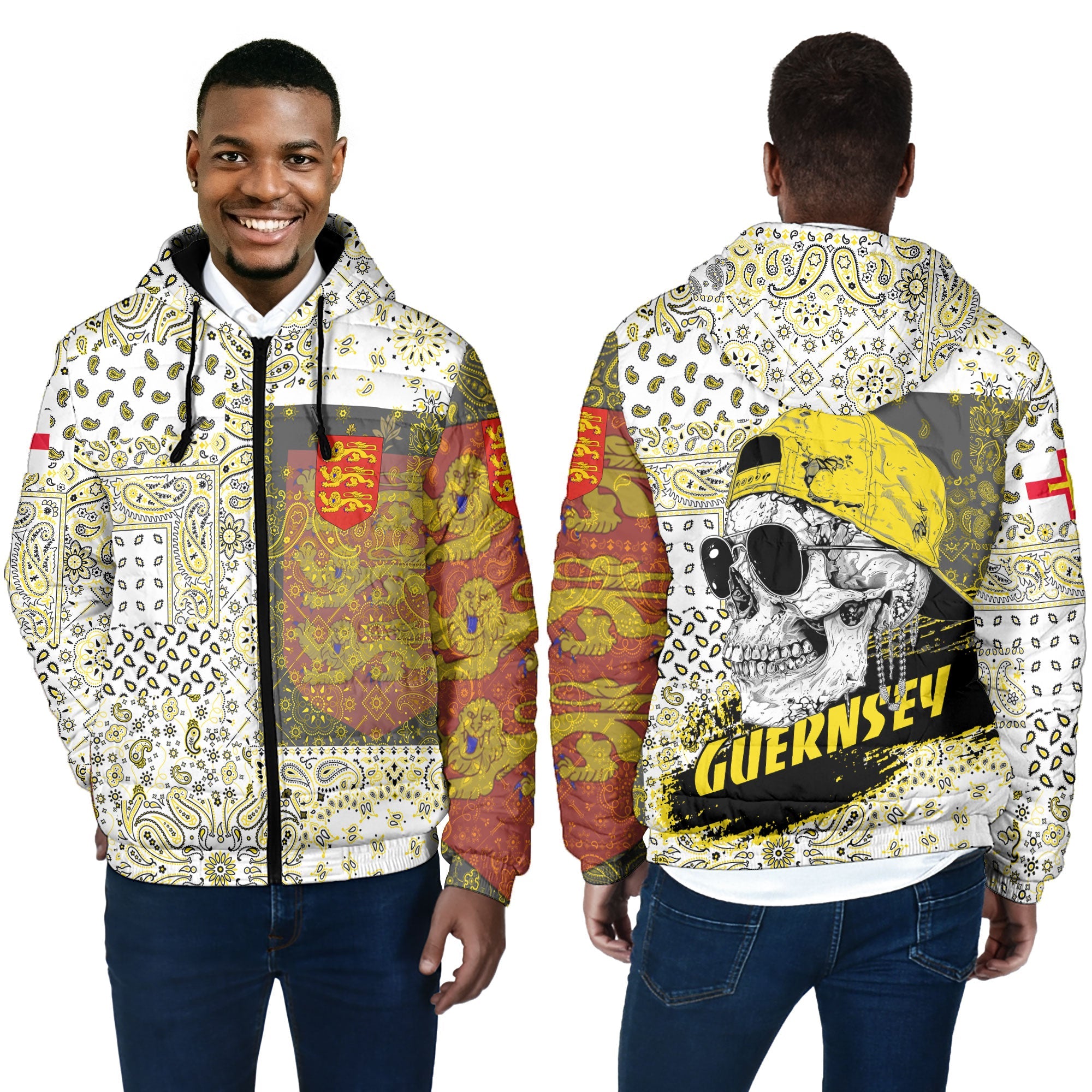 Guernsey Men Hooded Padded Jacket Paisley Flag And Skull Style 4