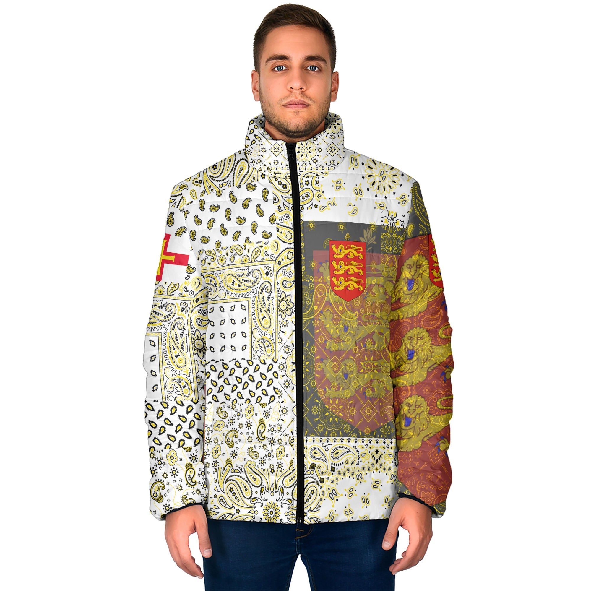 Guernsey Men Padded Jacket Paisley Flag And Skull Style 1