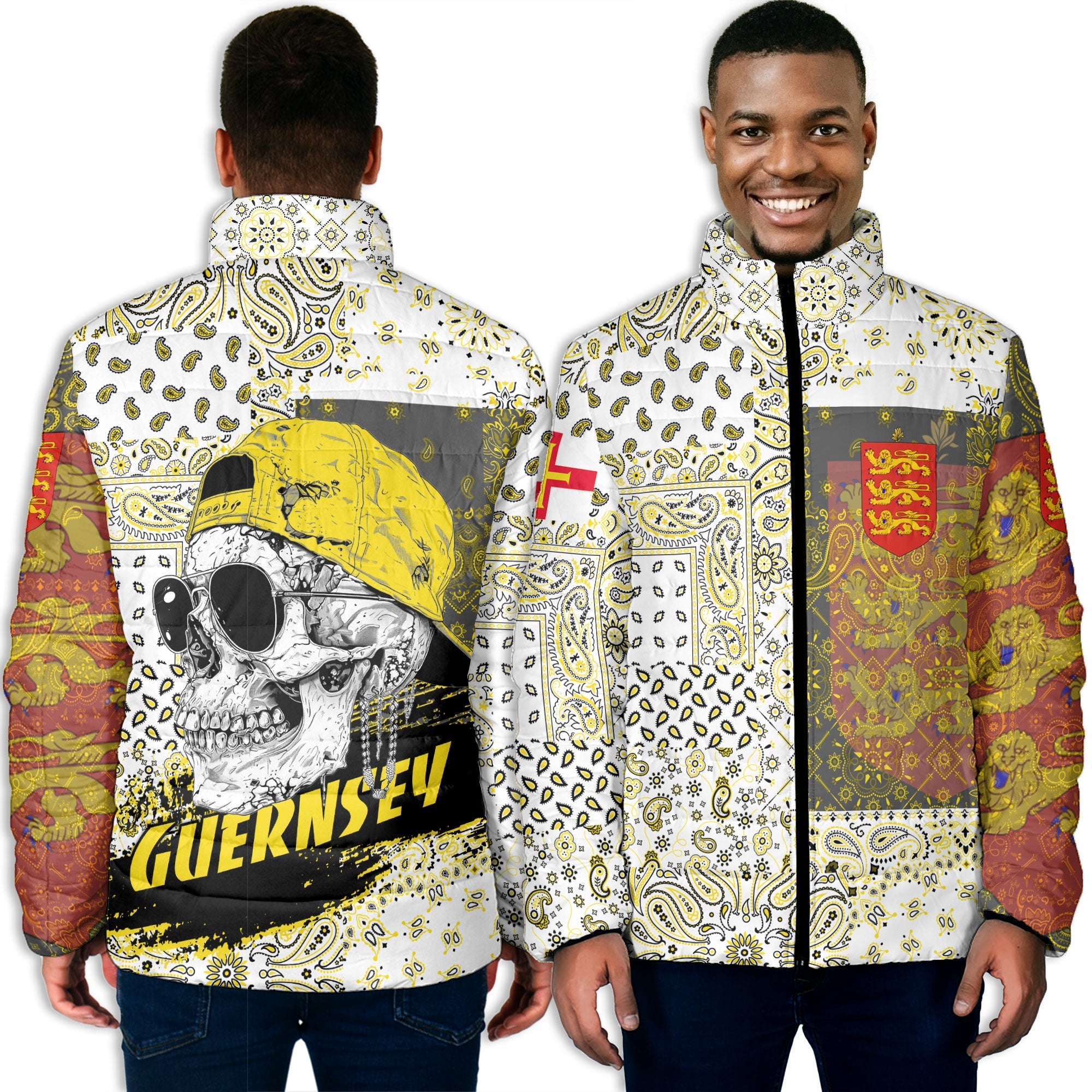 Guernsey Men Padded Jacket Paisley Flag And Skull Style 3