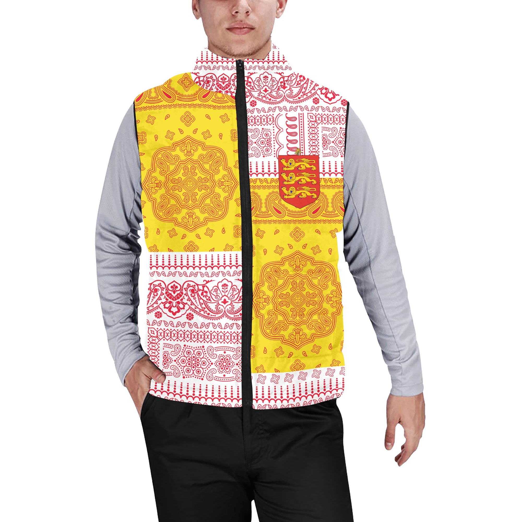 Guernsey Men Padded Jacket Vest Flag And Paisley Basic Style 1