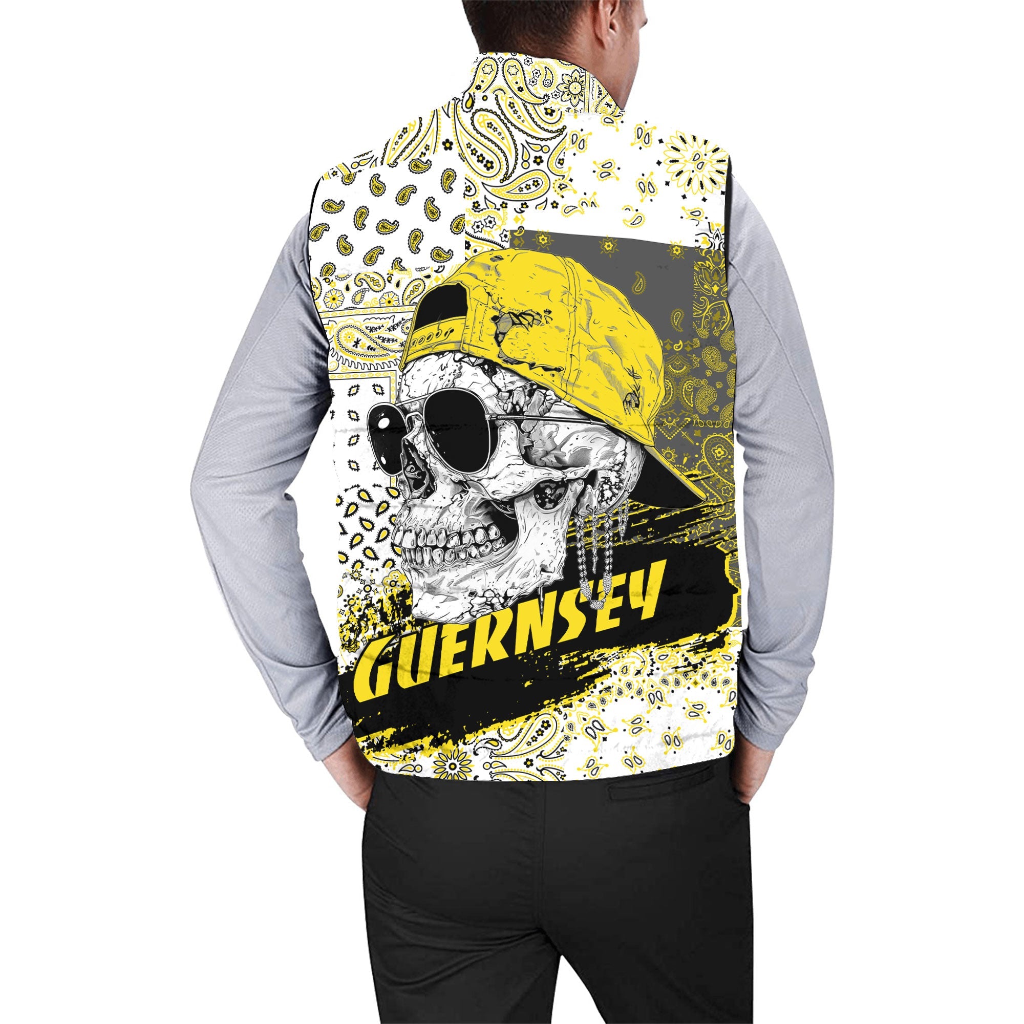 Guernsey Men Padded Jacket Vest Paisley Flag And Skull Style 2