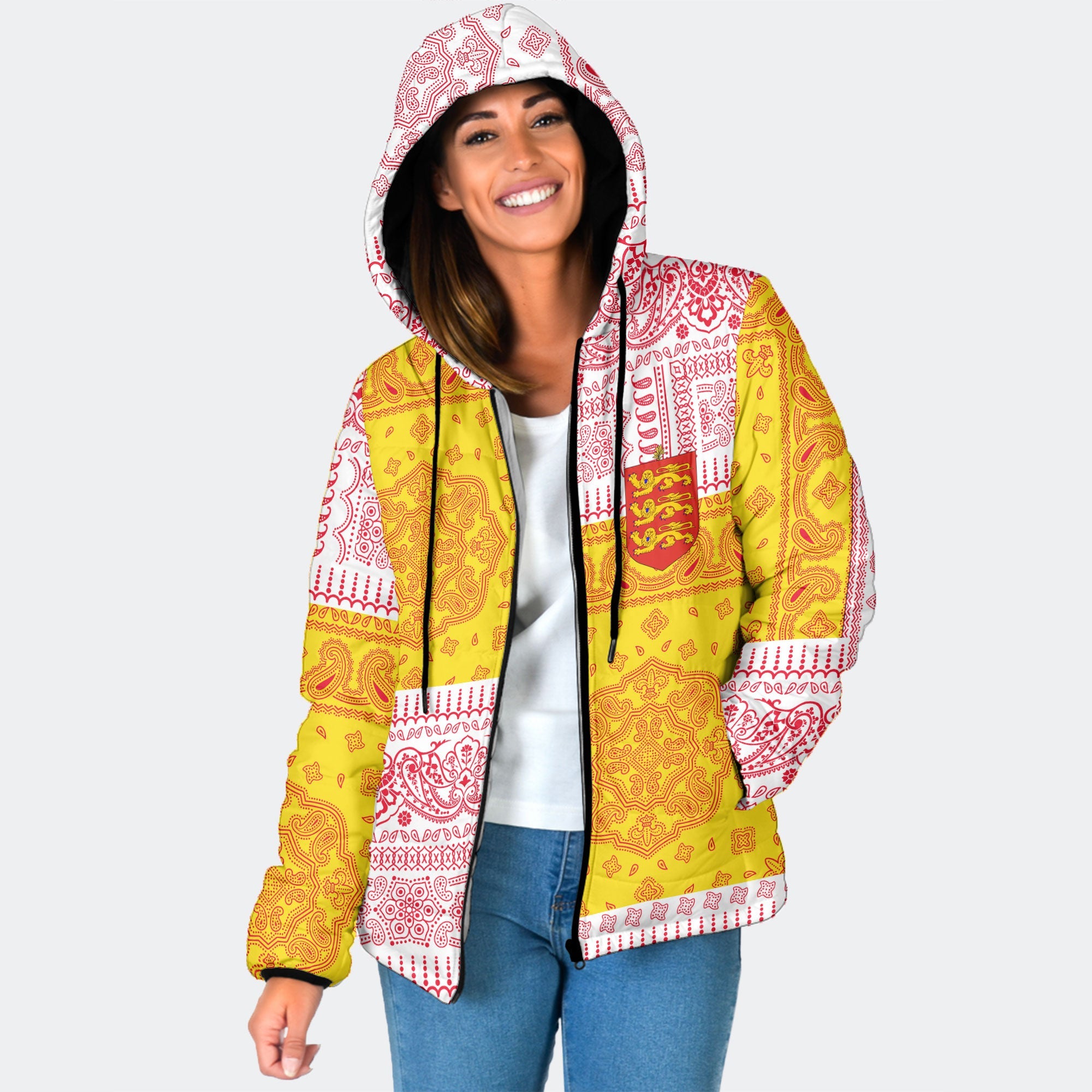 Guernsey Women Hooded Padded Jacket Flag And Paisley Basic Style 1