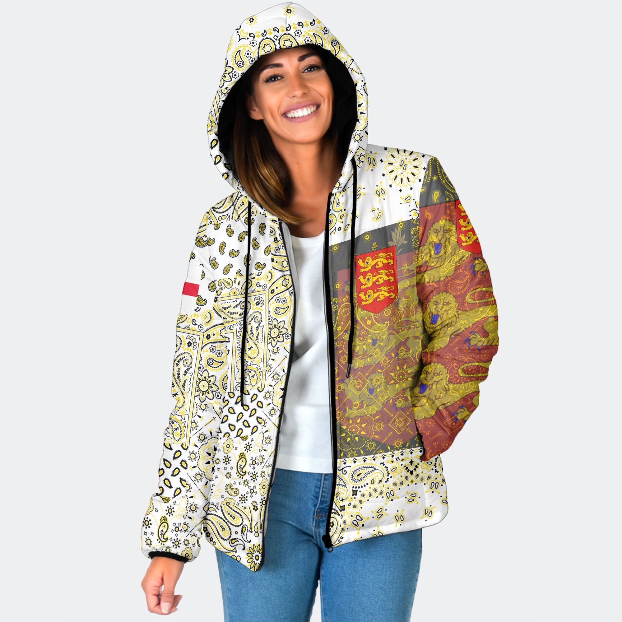 Guernsey Women Hooded Padded Jacket Paisley Flag And Skull Style 1